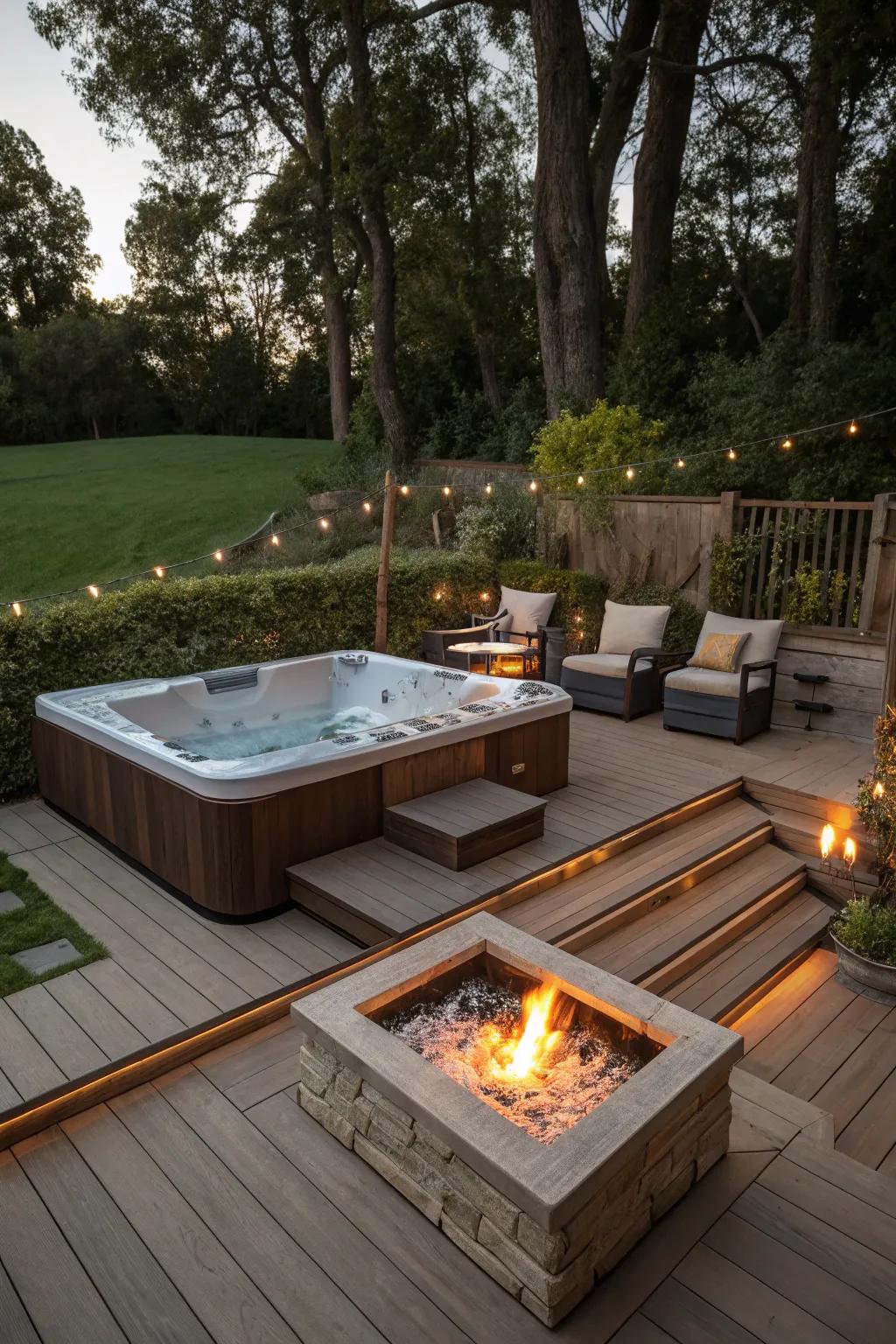 A sunken hot tub deck featuring a cozy fire pit for added warmth.