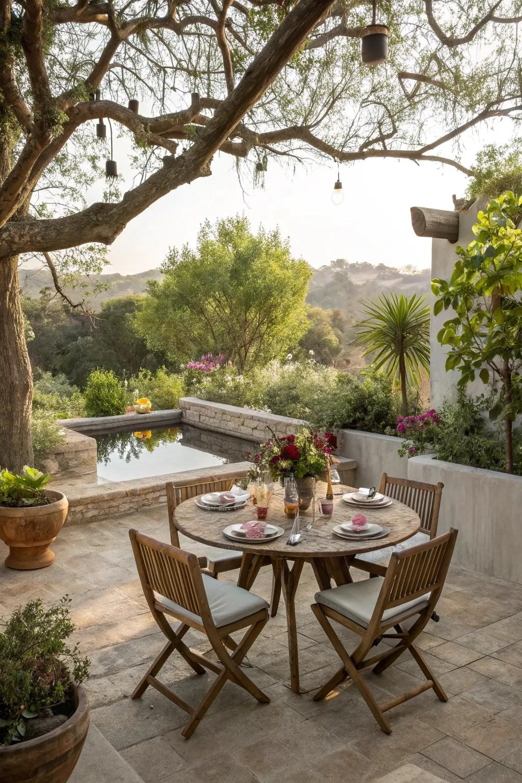 A sunken dining area offers a unique al fresco experience.