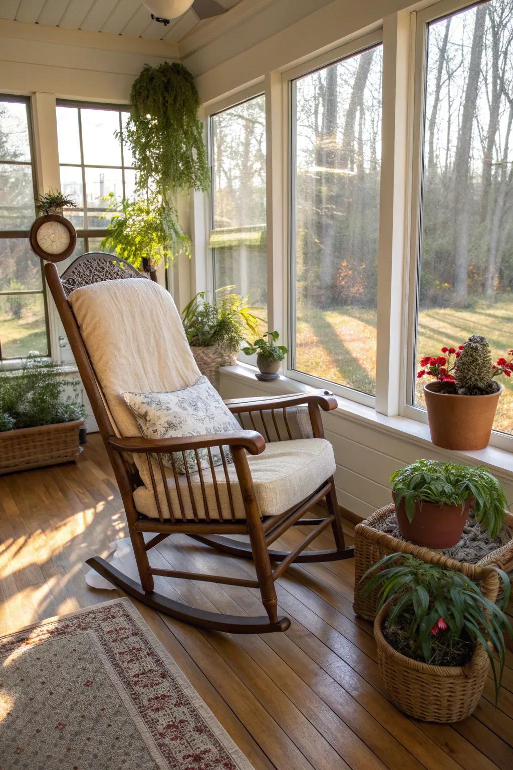 A rocking chair offers a nostalgic and relaxing touch to this sunroom.