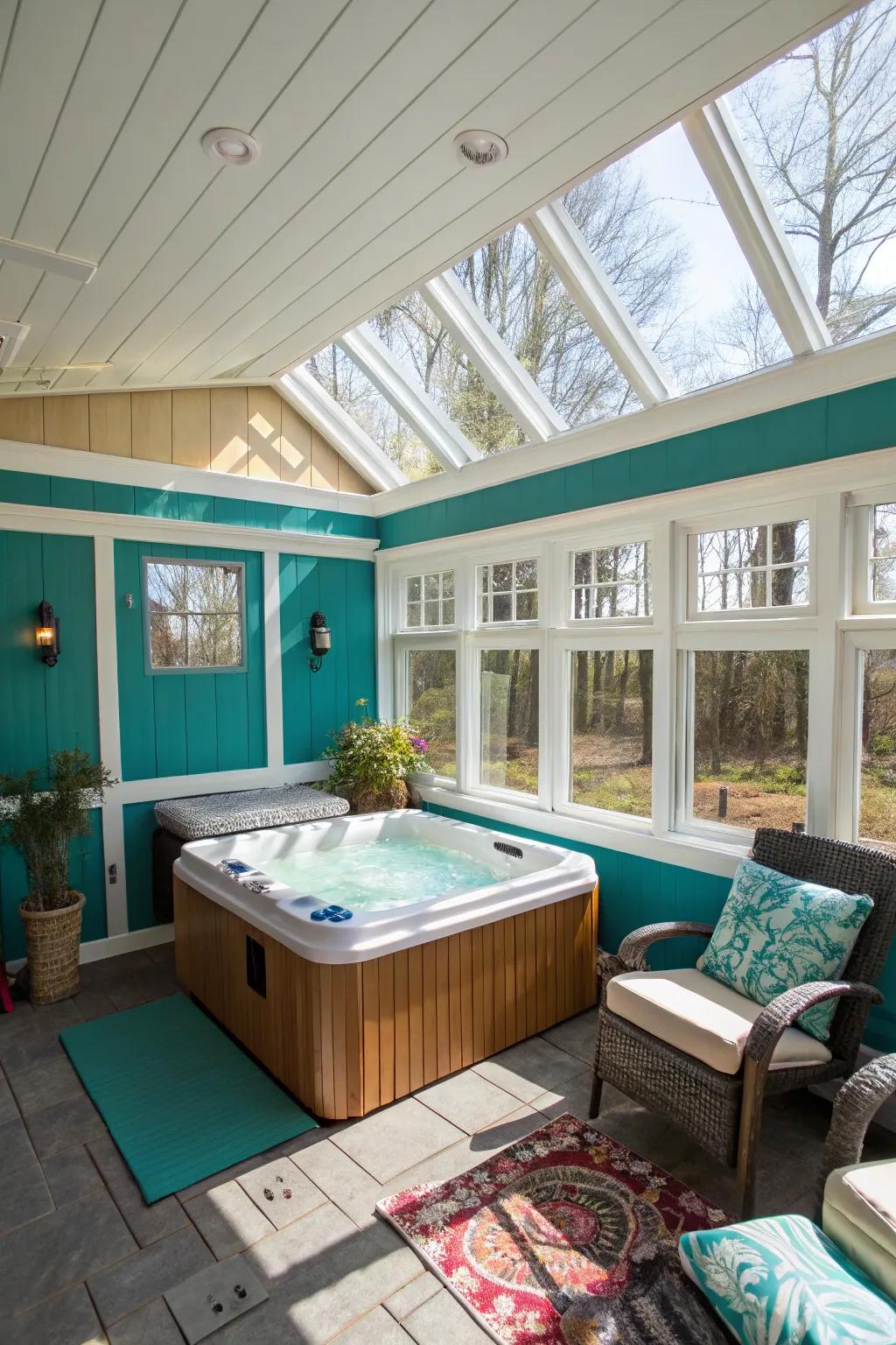 A teal accent wall adds a refreshing pop of color to the sunroom.