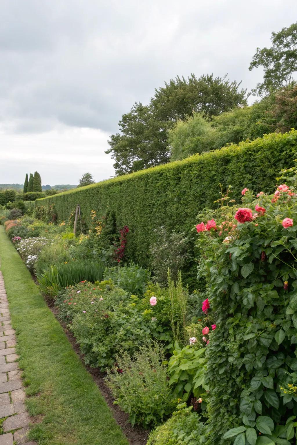A dense hedge providing natural boundary and wildlife shelter.