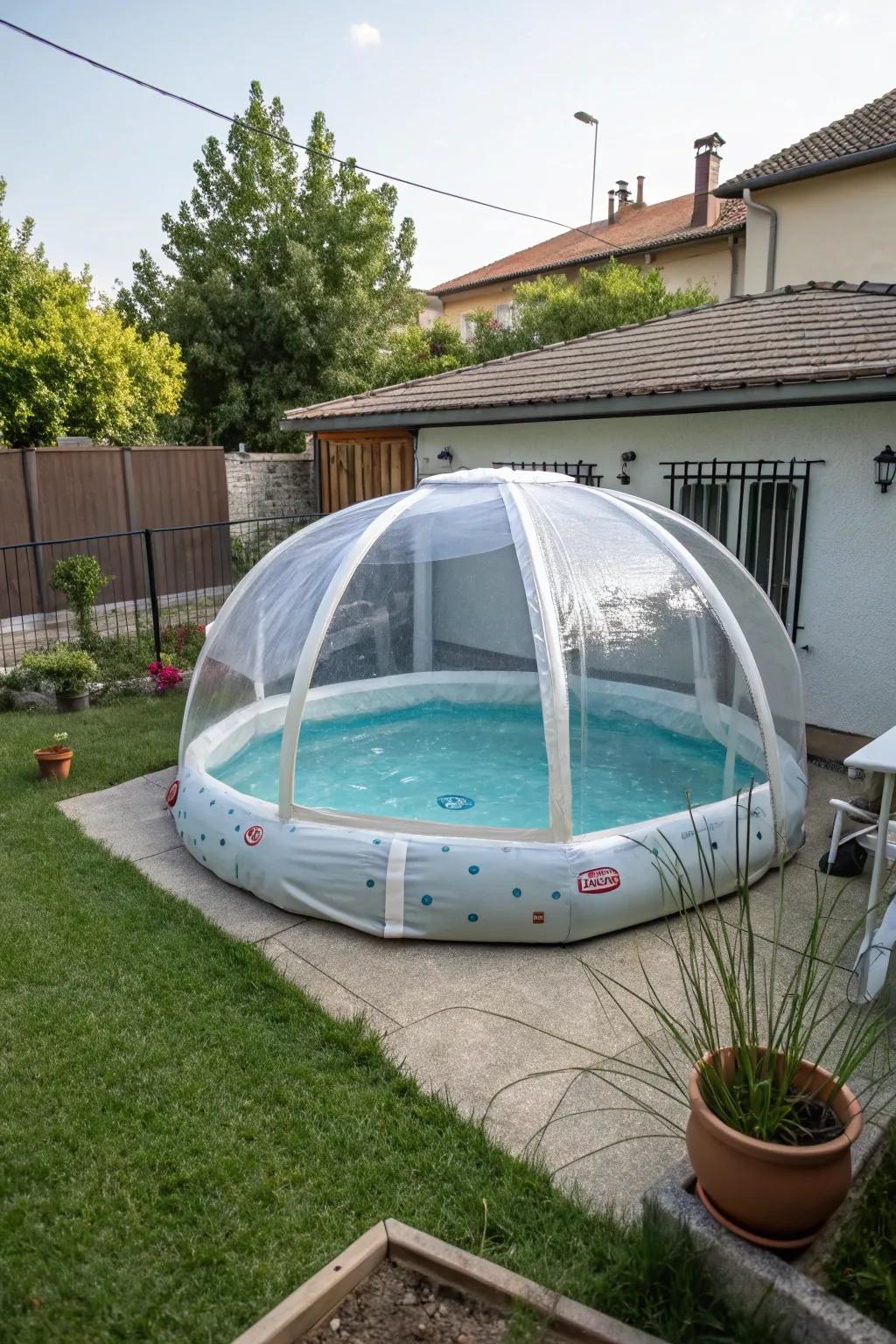 An inflatable pool enclosure offering quick and easy protection.