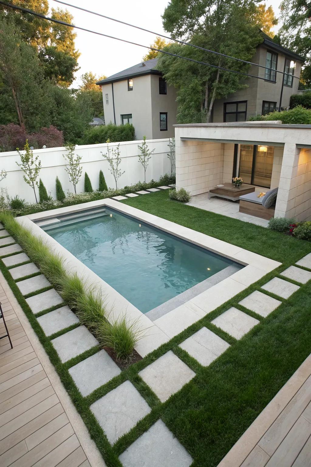 A geometric pool adds a modern touch to this compact backyard.