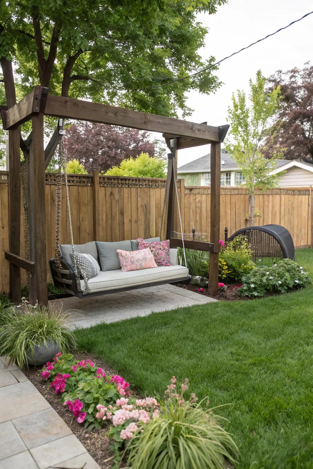A backyard swing set with a nearby cozy seating nook for adults.