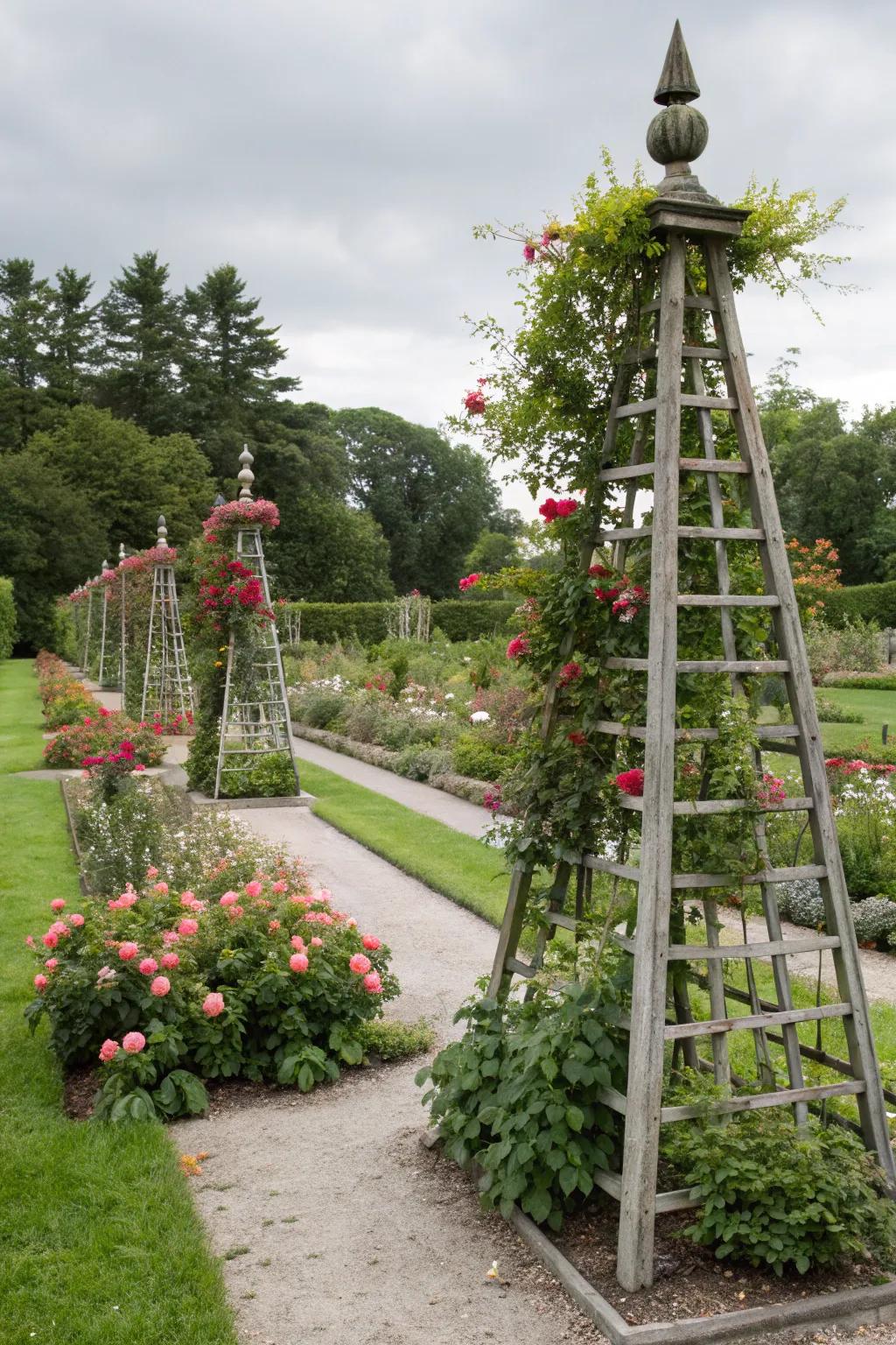Introduce striking vertical elements with trellis obelisks.