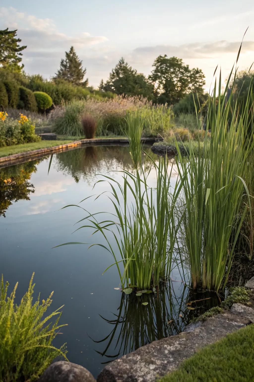 Tall grasses enhancing the tranquility of a garden water feature.