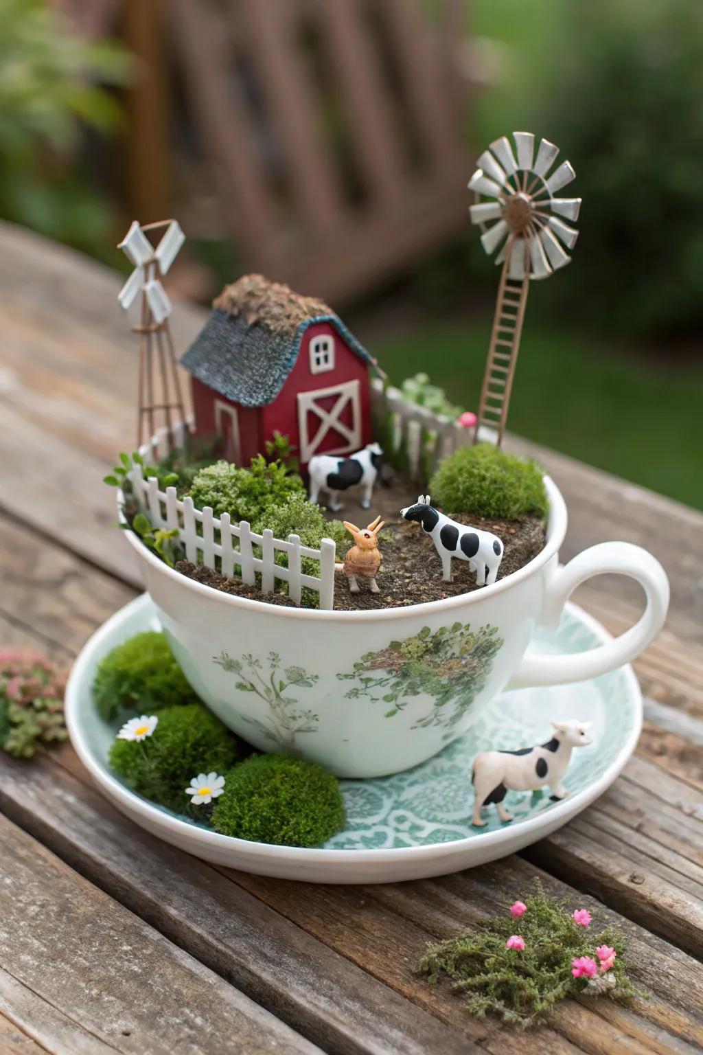 A playful miniature farm scene in a teacup.