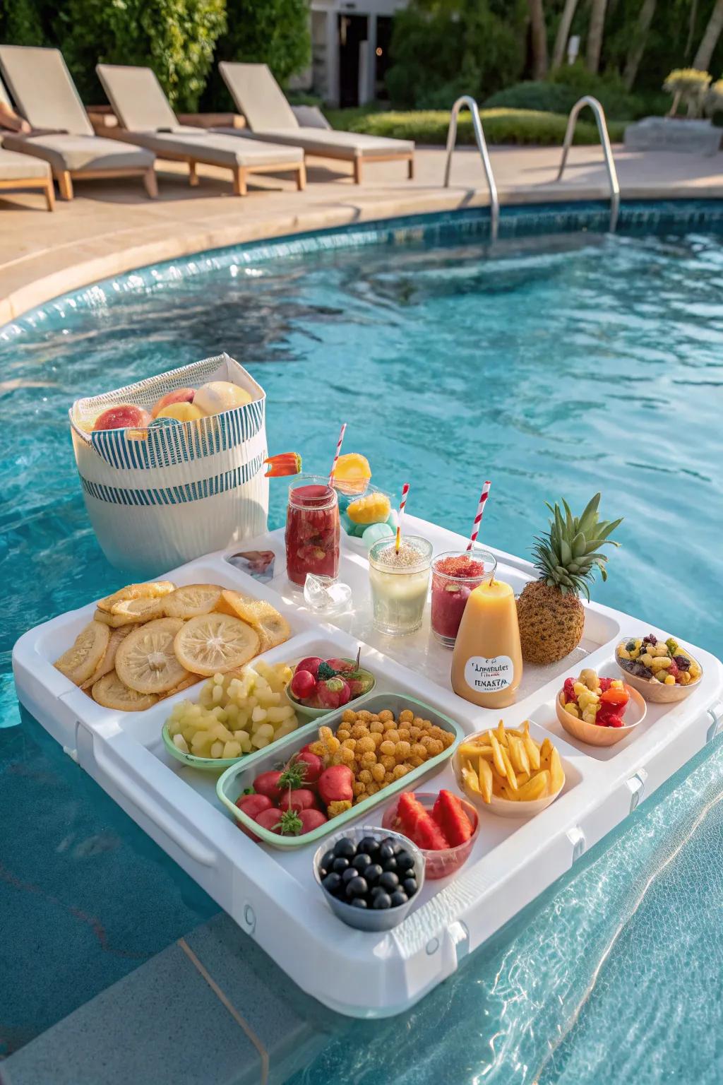 A floating snack bar in the pool with a variety of treats.