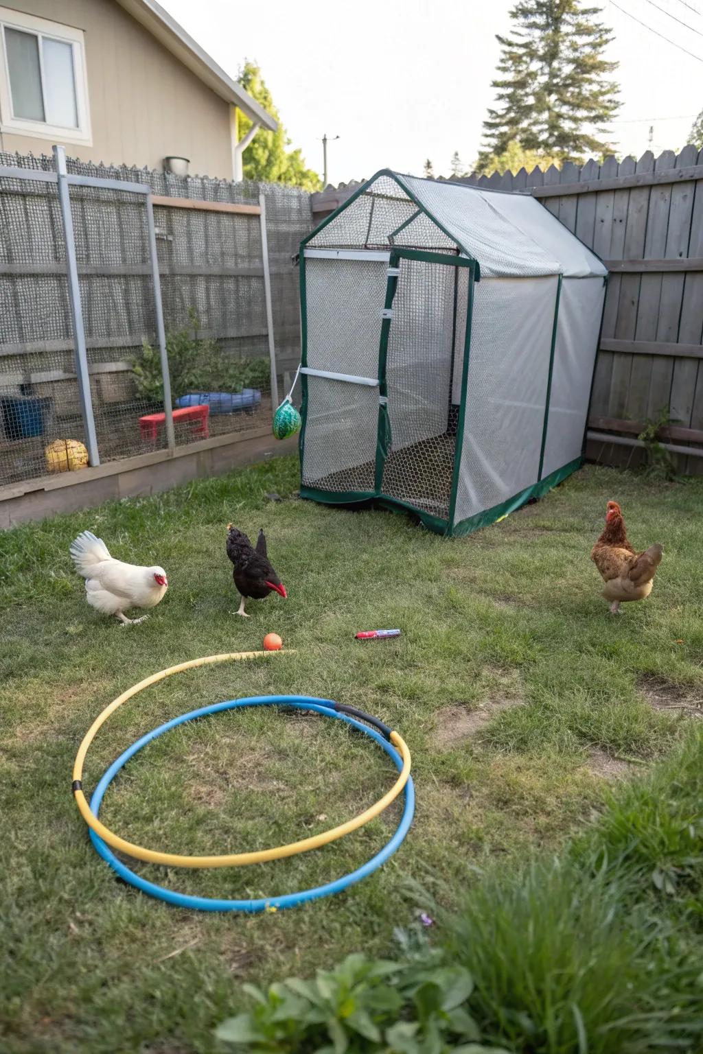 A lightweight and easy-to-assemble chicken coop made from hula hoops.