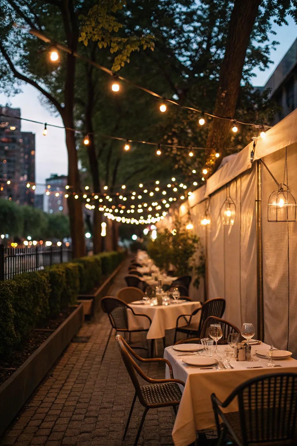String light walls add a magical touch to outdoor settings.