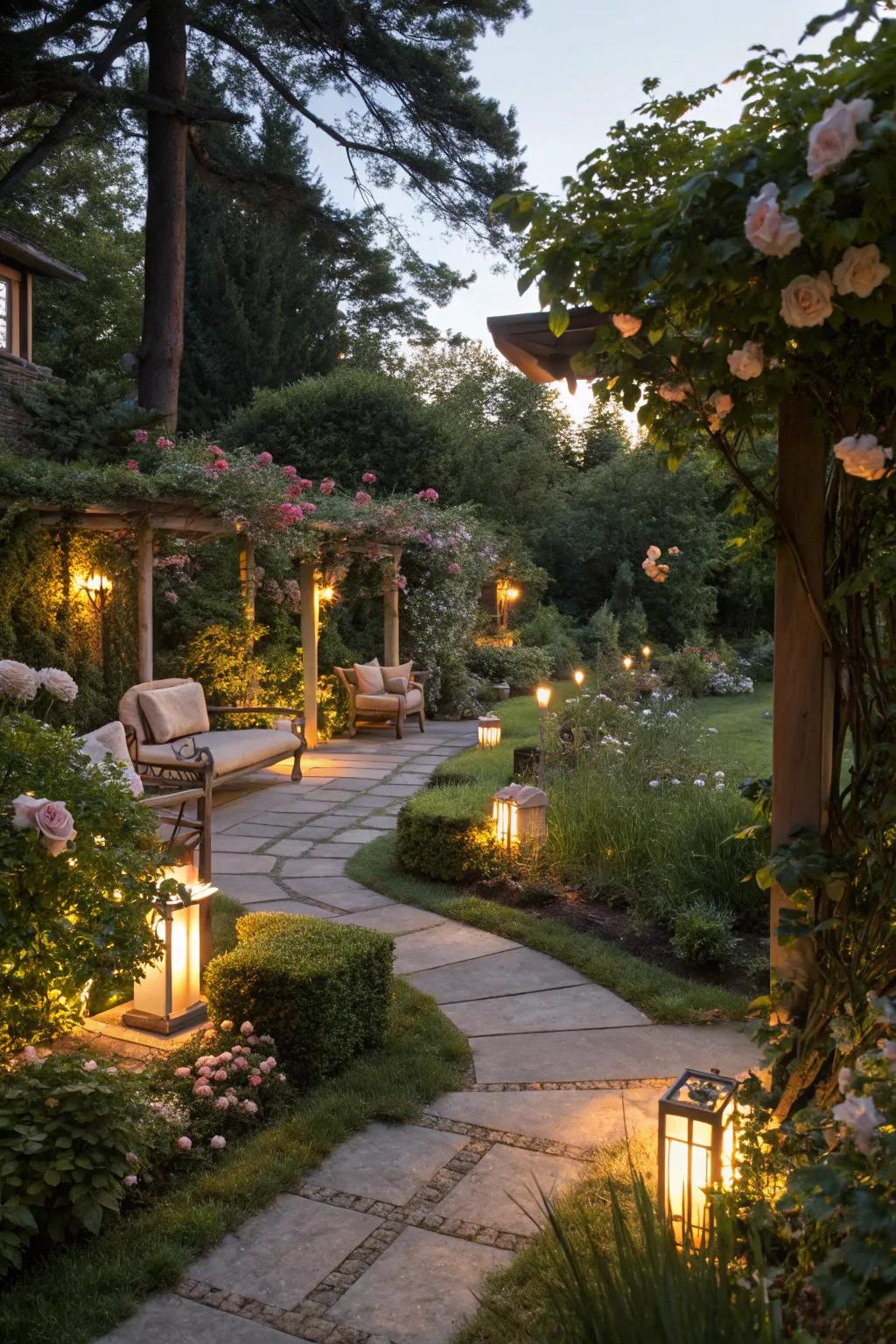 Garden lighting creates an enchanting atmosphere for evening enjoyment.