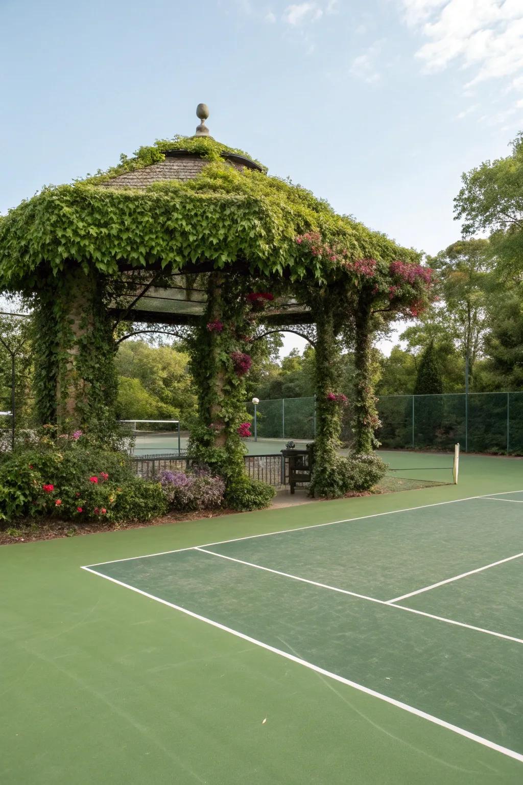 A pavilion provides shelter and a charming spot to relax.