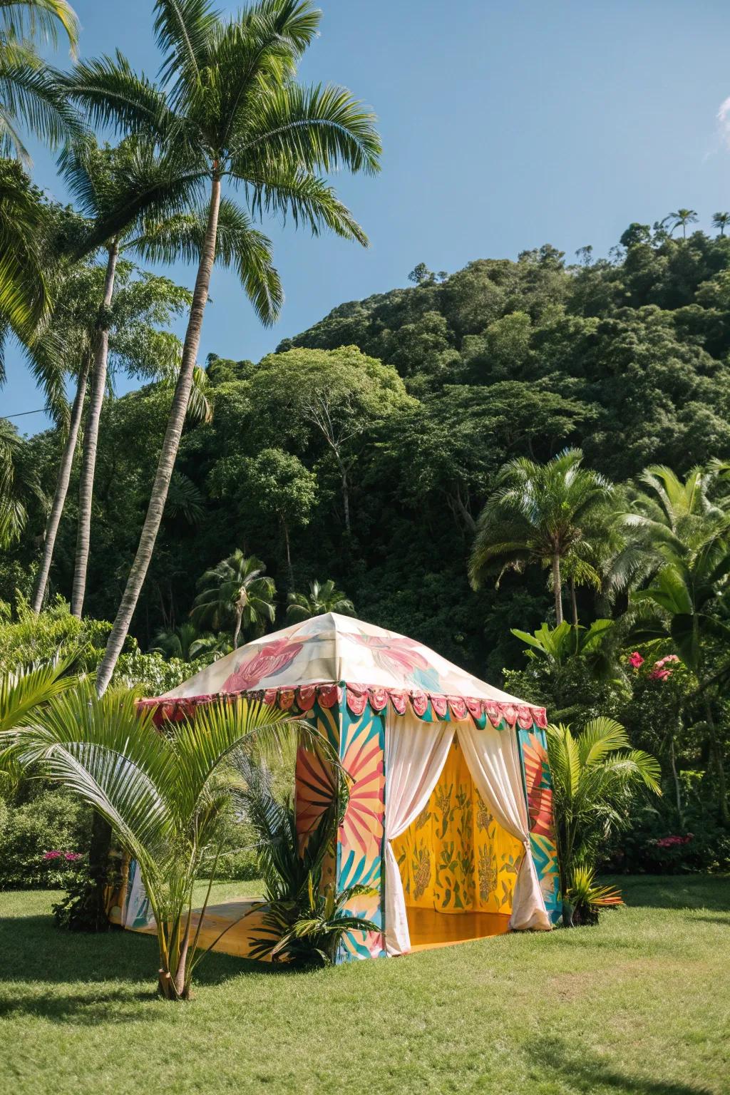 A tropical-themed tent with palm leaves and bright colors, creating a paradise vibe.