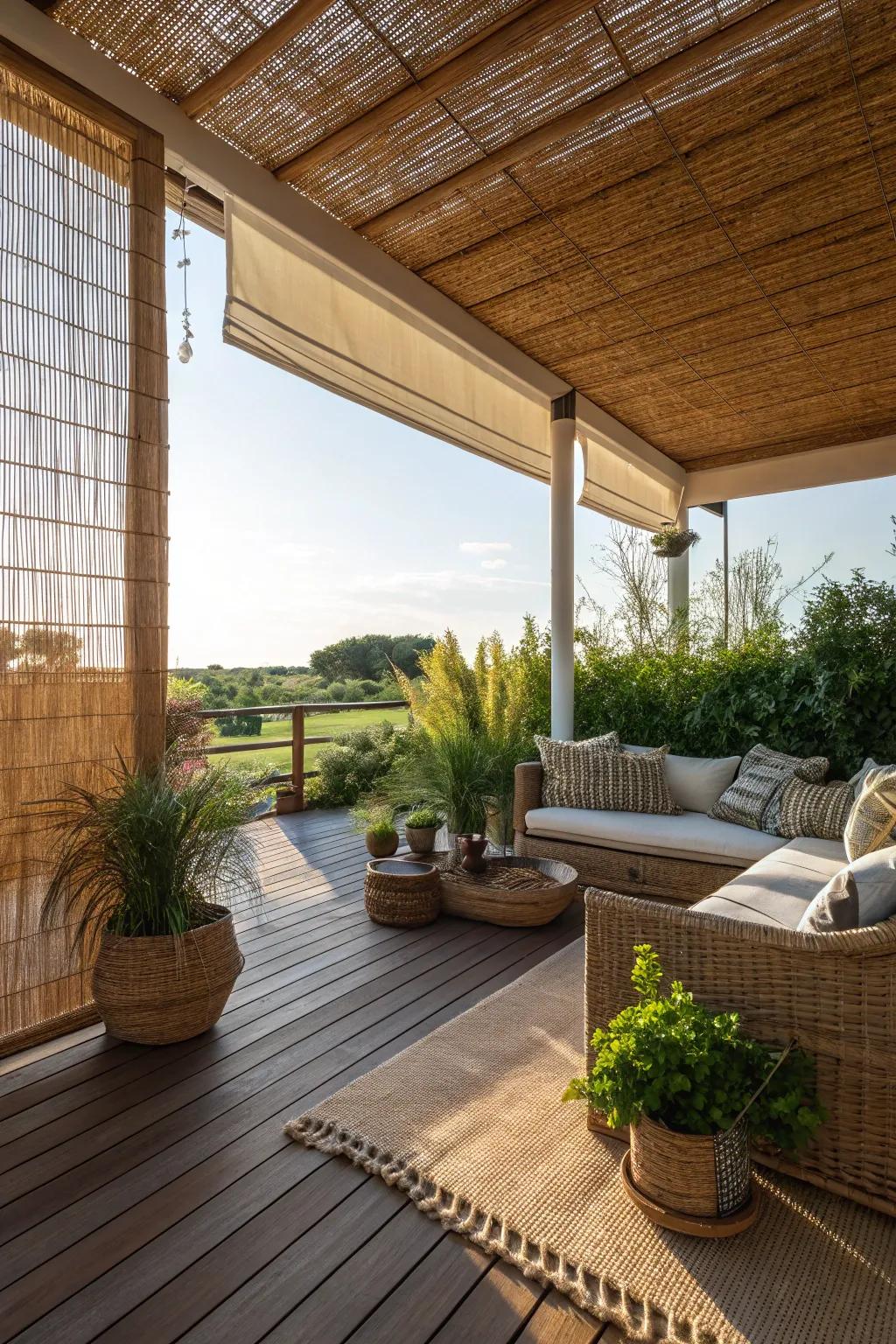 Woven reed shades create an earthy, dappled light effect.
