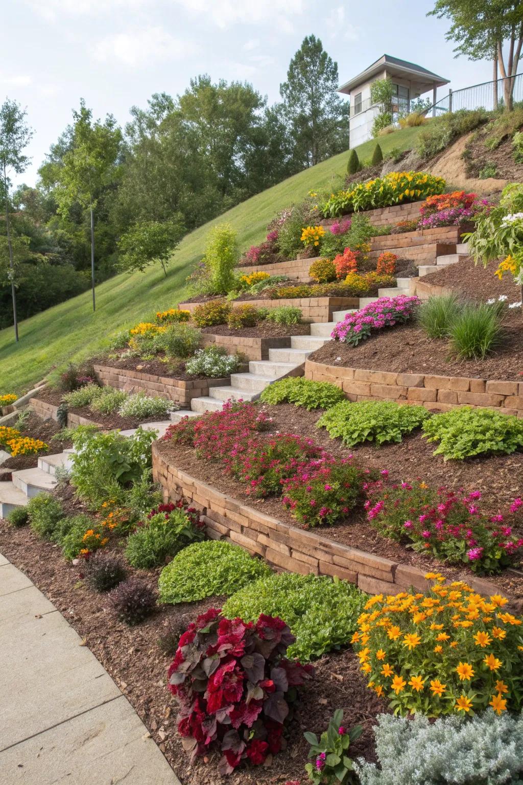 Terraced garden with colorful mulch enhancing the vibrancy of plant beds on a slope.