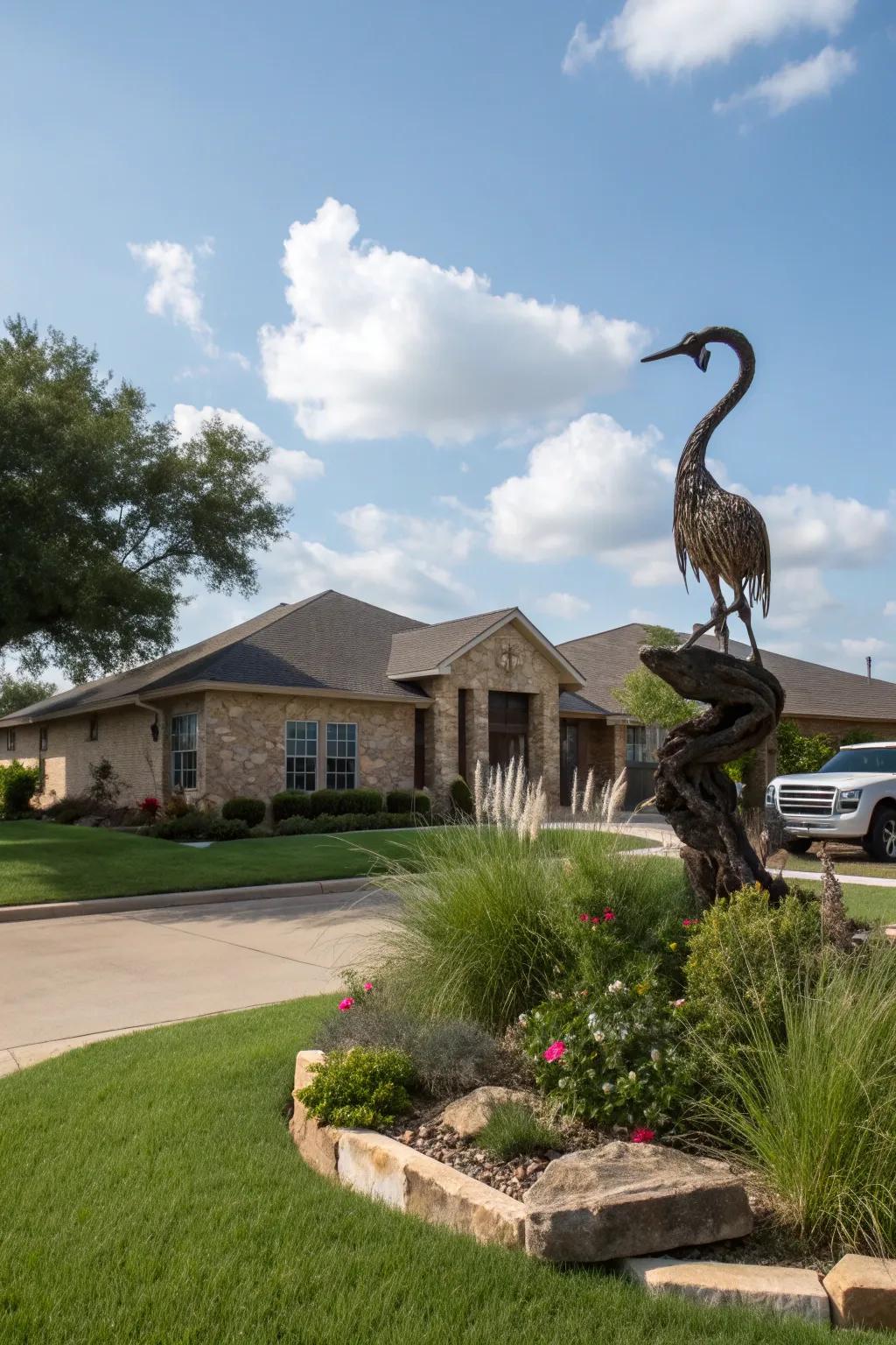 A unique sculpture adding intrigue to a front yard.