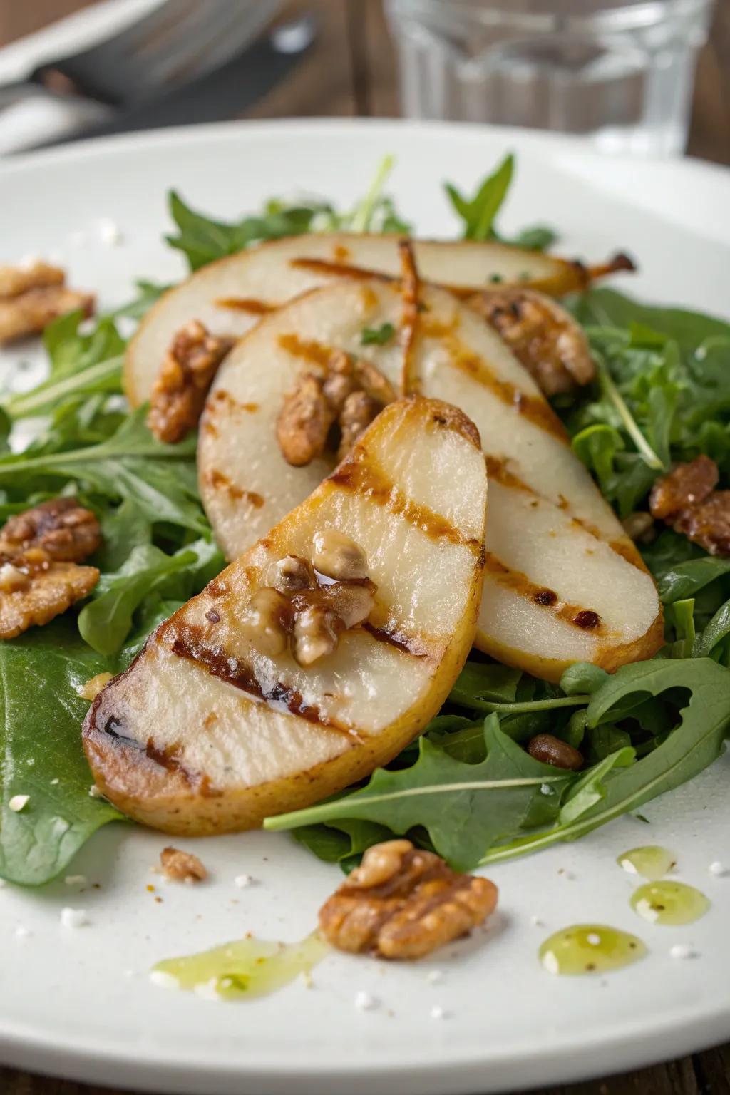 A refreshing grilled pear and arugula salad.