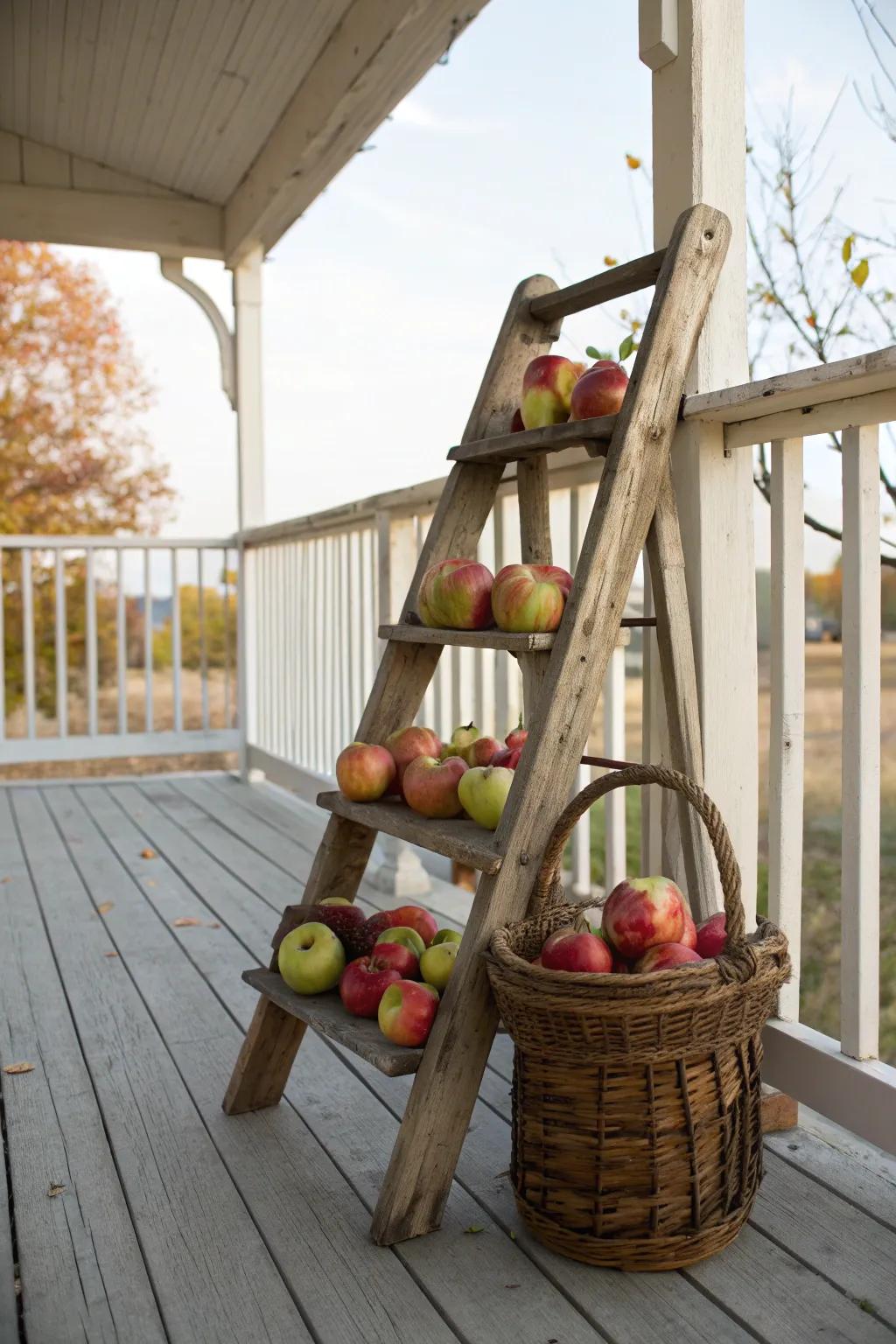 An apple-adorned ladder adds a unique harvest touch.