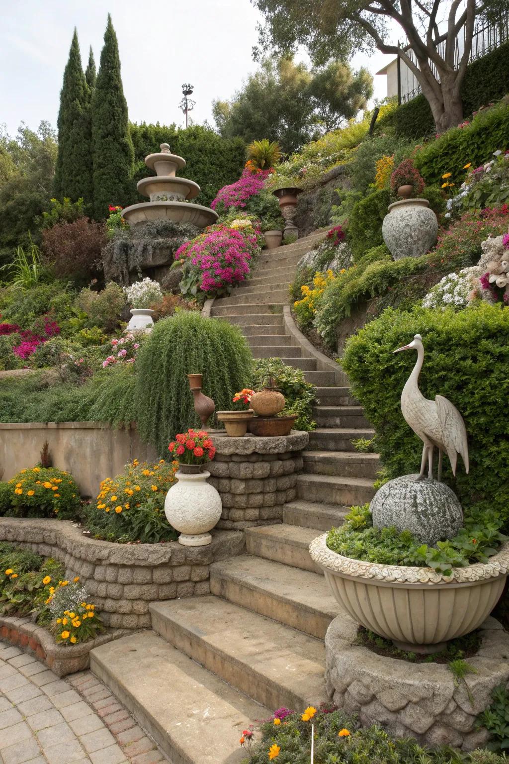 Artistic elements personalize tiered gardens beautifully.