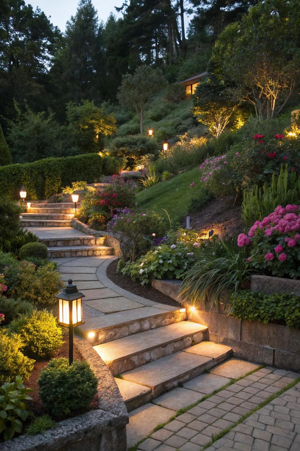 Lighting adds a magical evening ambiance to tiered gardens.