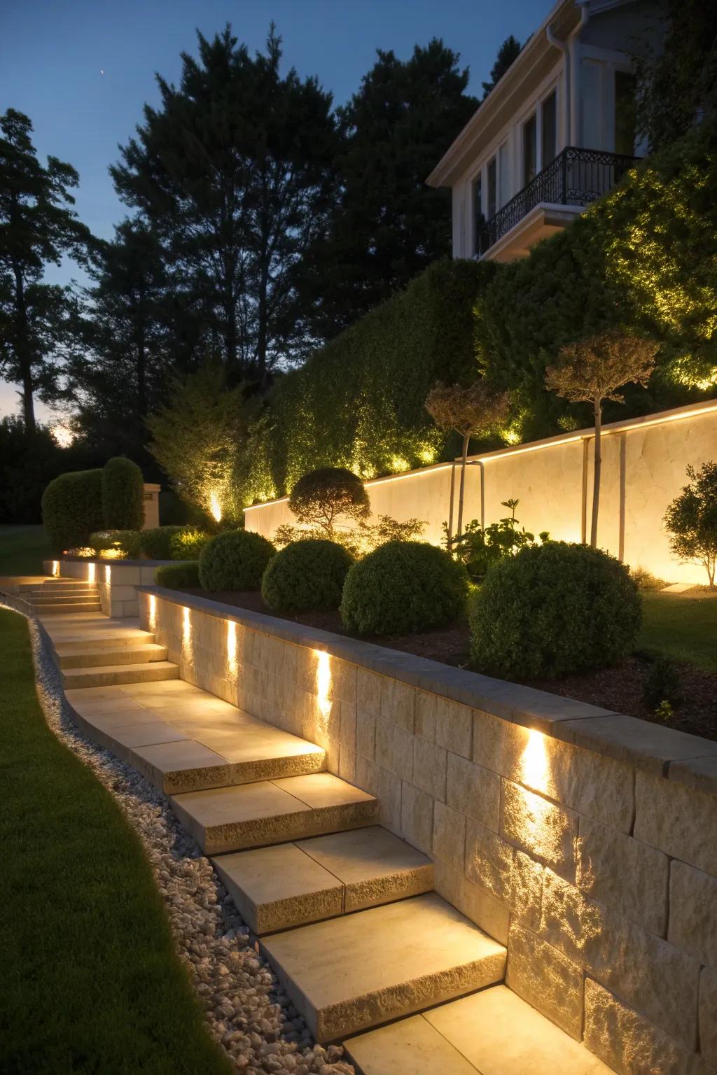 Integrated lighting transforms the retaining wall into a magical nighttime feature.