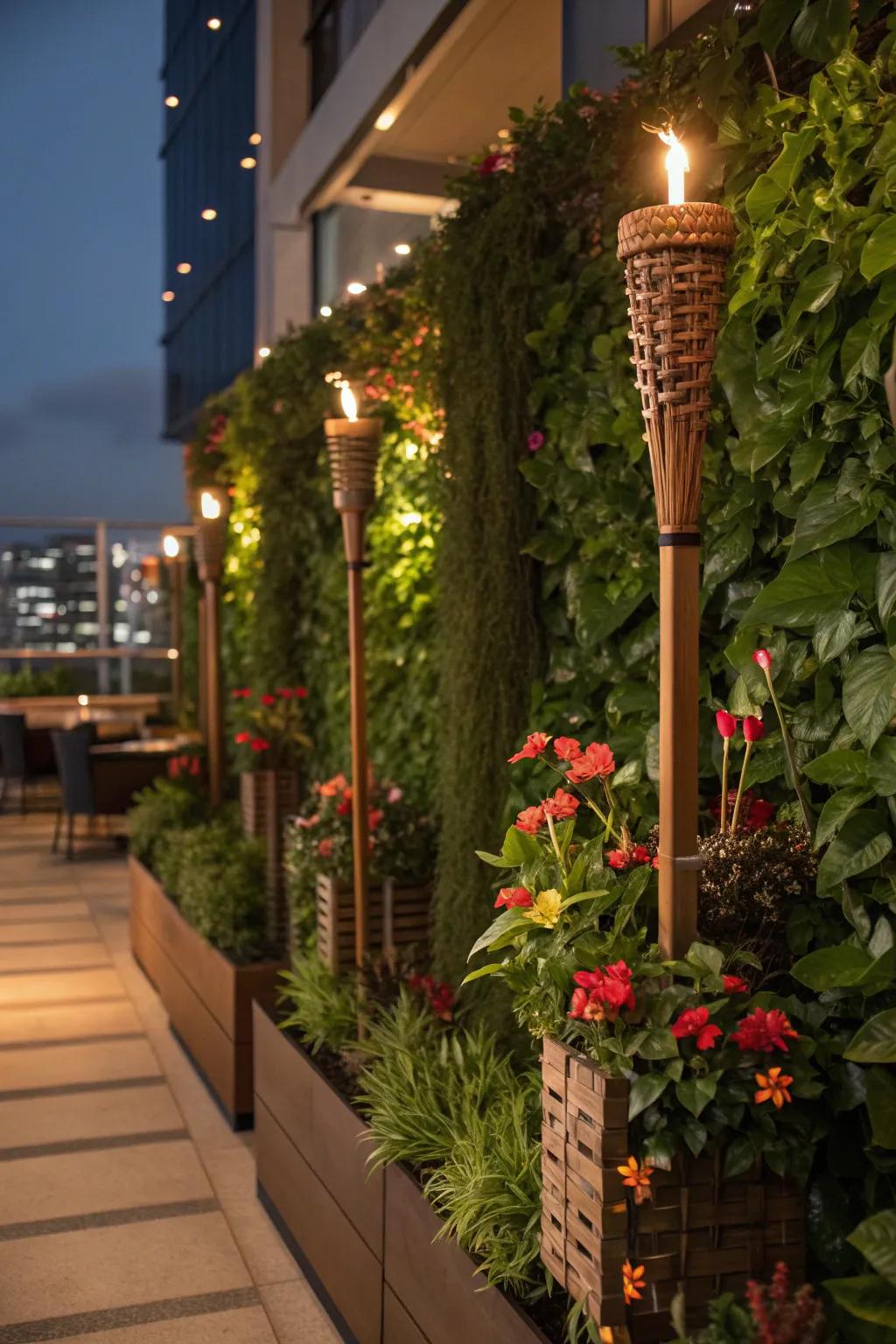 Combine vertical gardens with tiki torches for a striking effect.