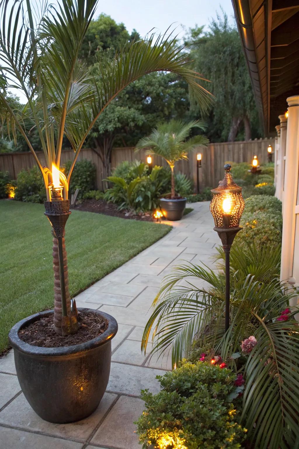 Palm planters and tiki torches transport you to a tropical paradise.