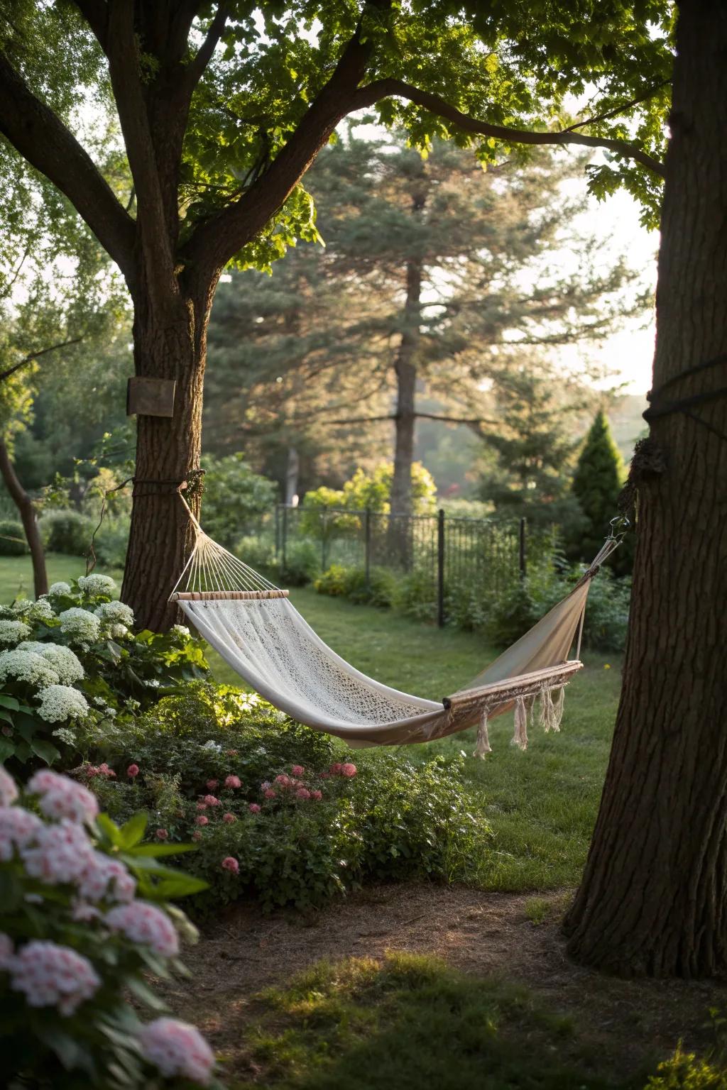 A relaxing hammock setup in a peaceful, shaded garden area.
