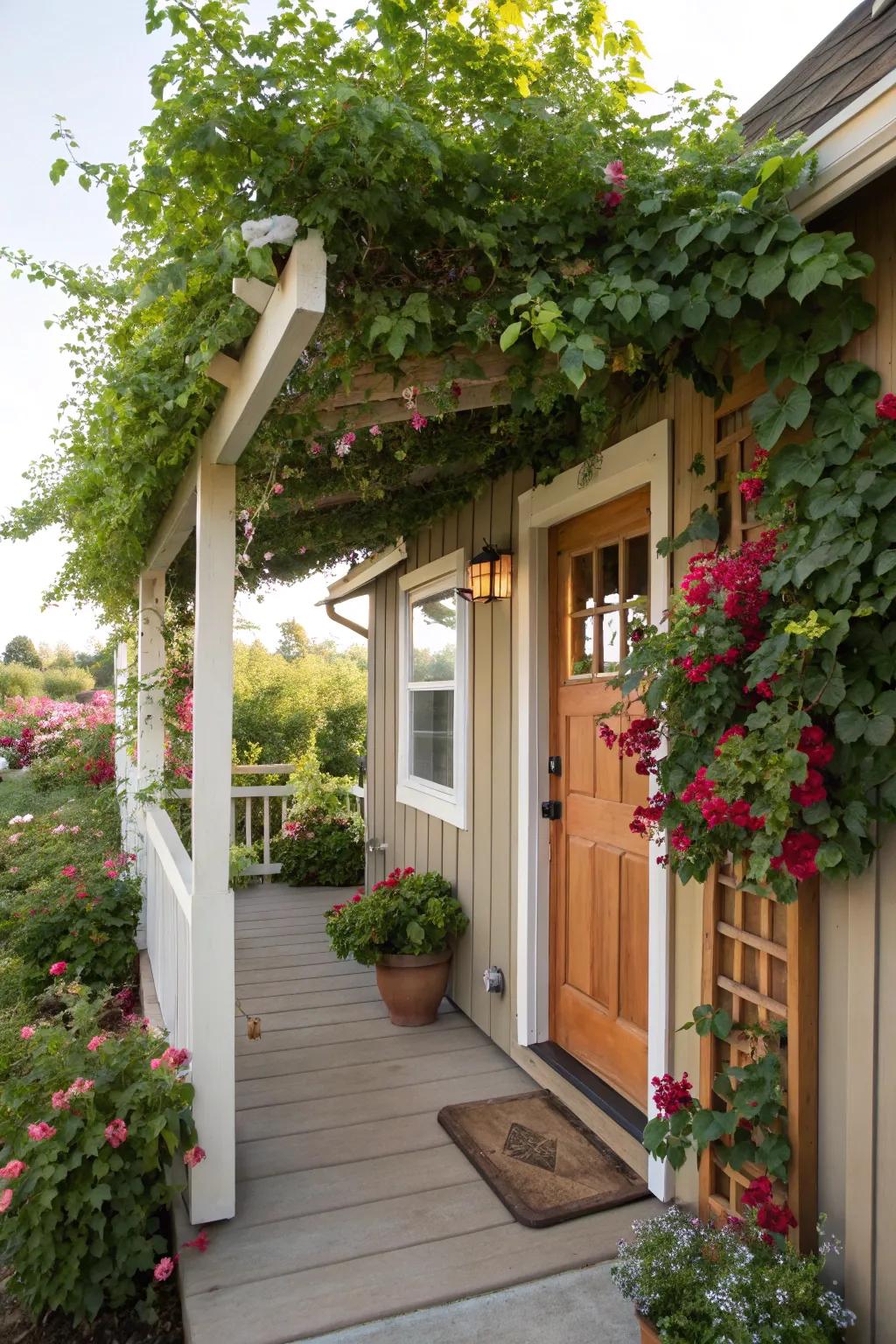 A private retreat with a plant-covered trellis.