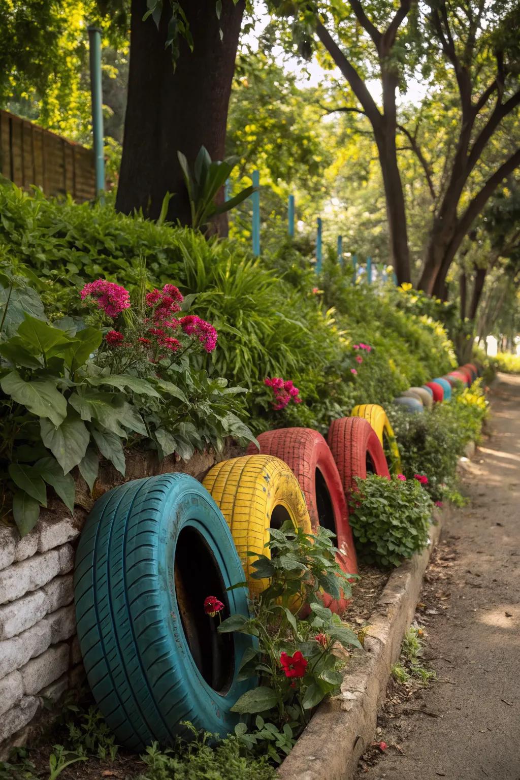 Contrasting tire walls define space and add visual interest.