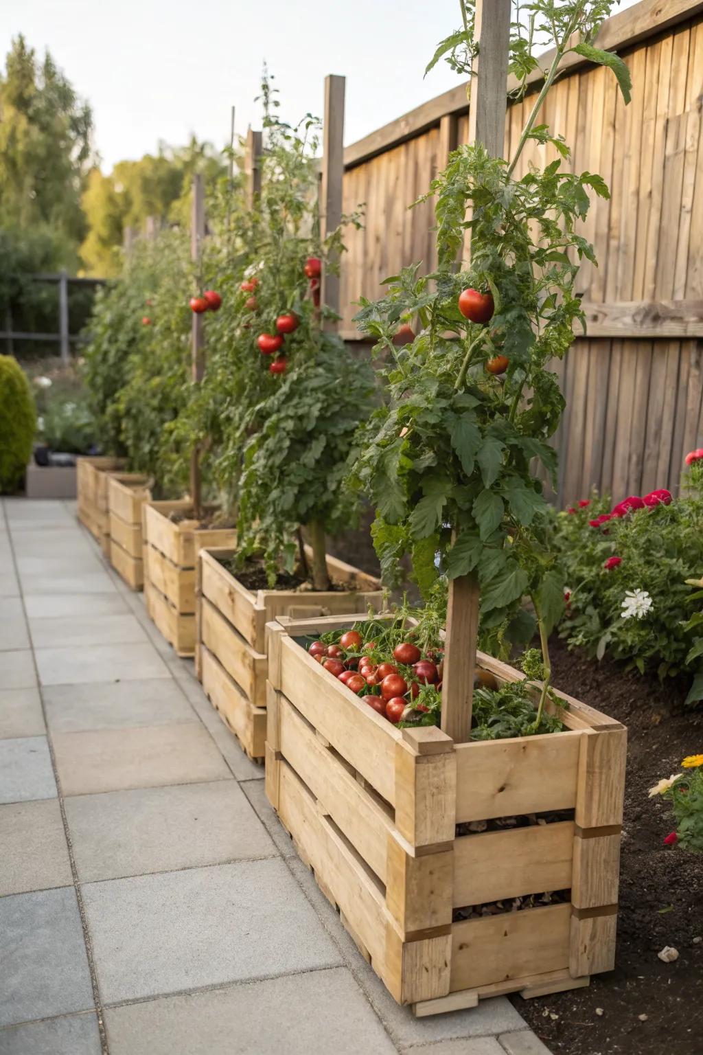 Wooden crates provide a rustic and flexible tomato planting option.