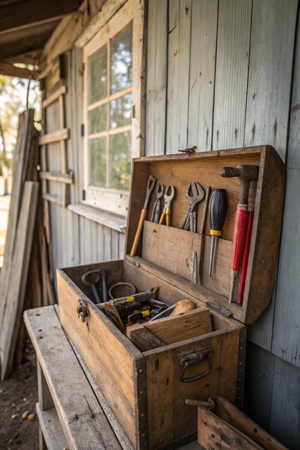 A vintage tool chest adds style and functionality.