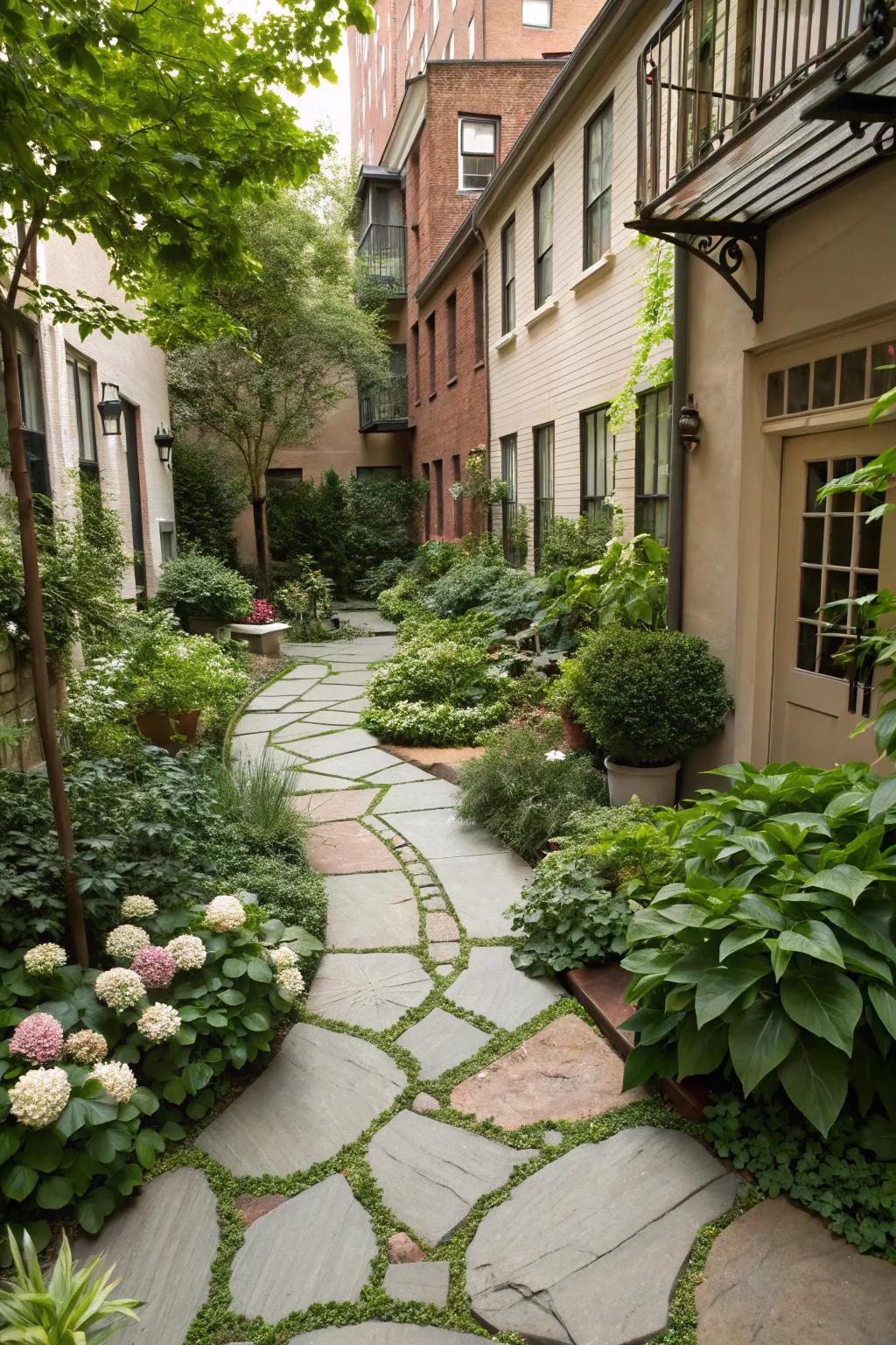 Decorative pathways add structure and guide the eye in the courtyard.