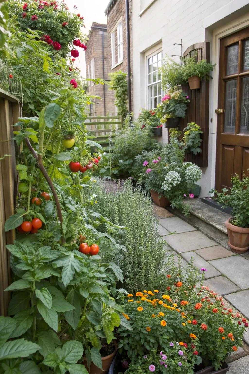 Tomatoes and herbs growing alongside flowers in a townhouse garden.