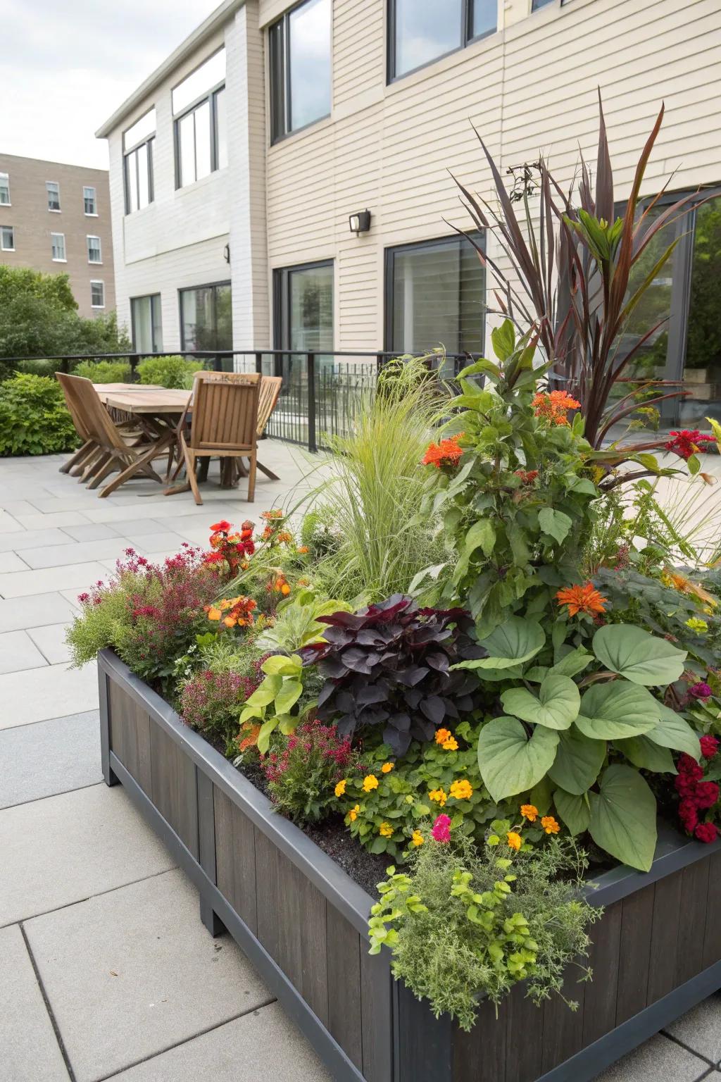 Raised planter boxes provide privacy and a place for your plants.