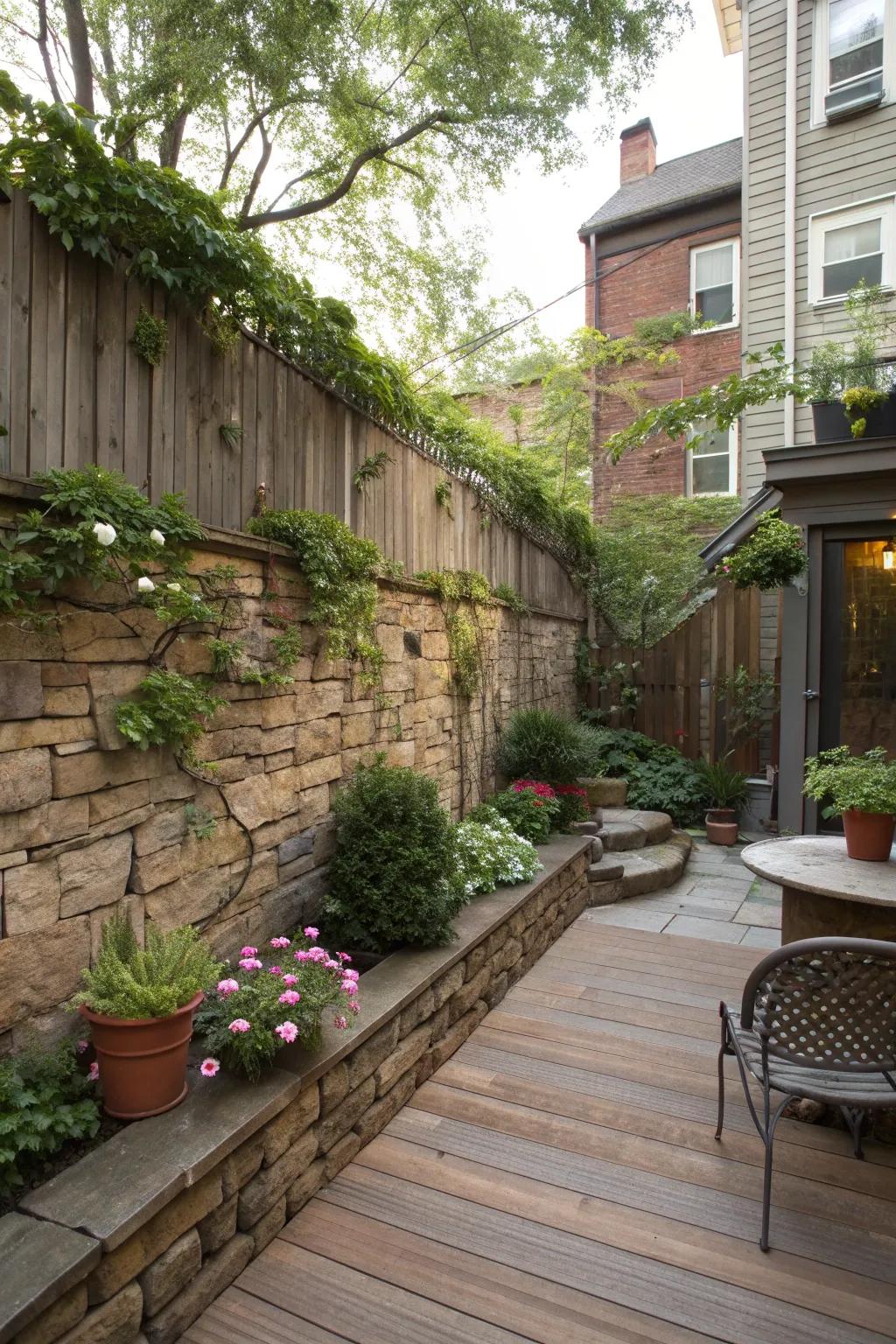 Rustic stone walls blend timeless charm with modern privacy.
