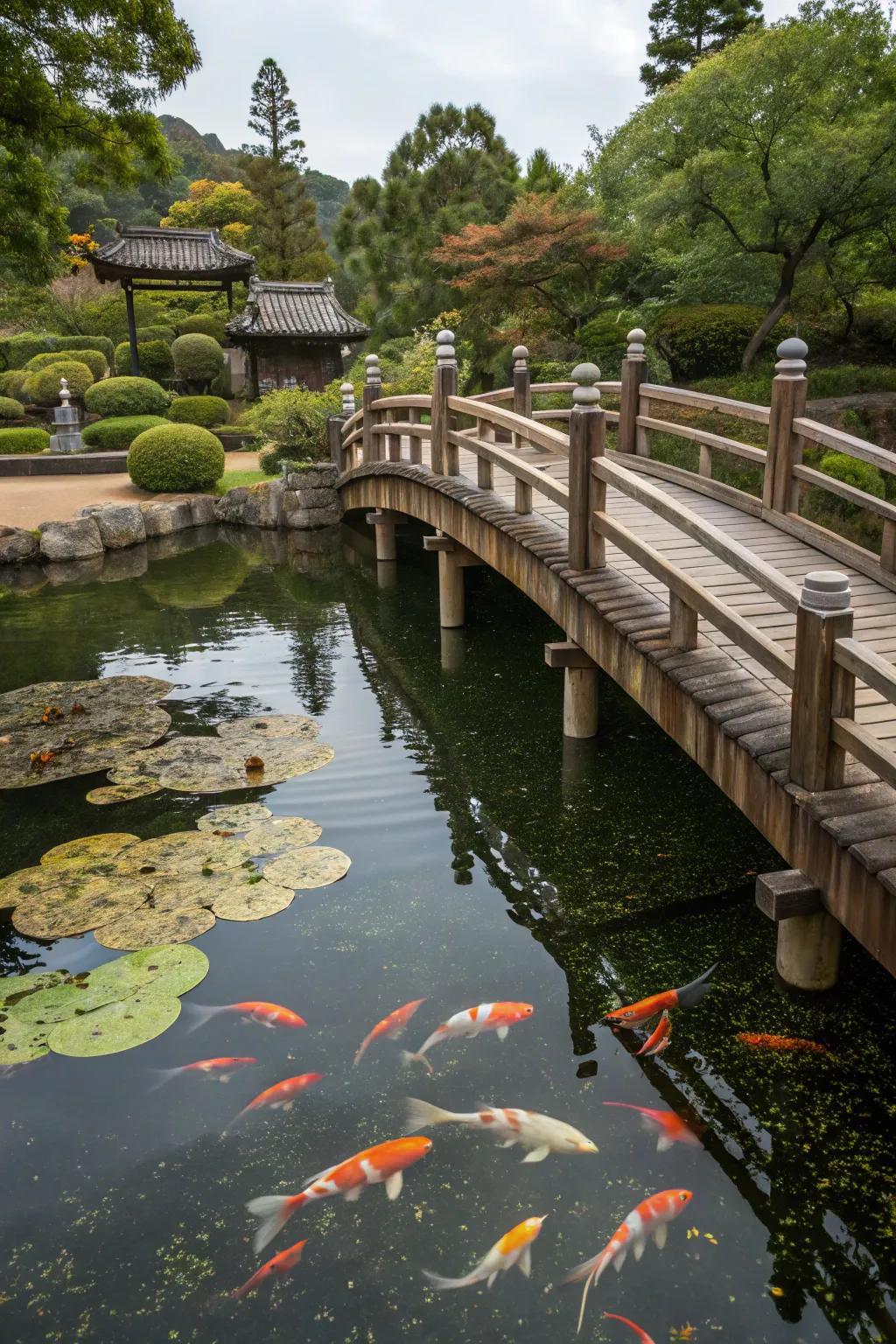 Water features enhance the tranquility of garden bridges.