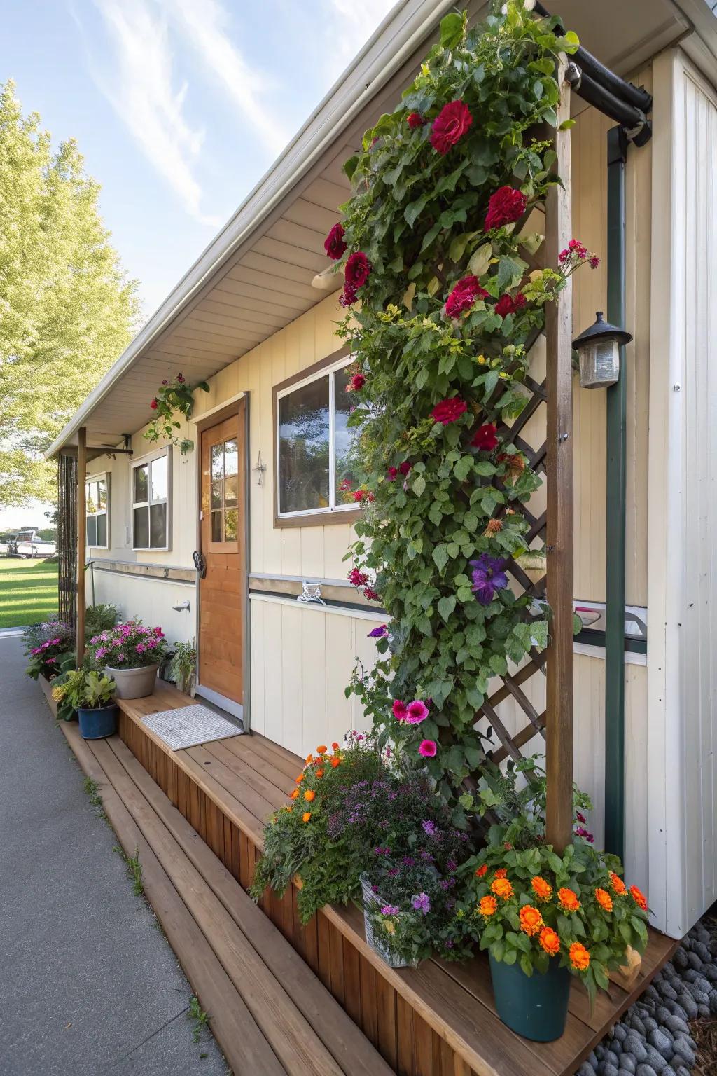 A trailer front porch enhanced by a vibrant vertical garden.