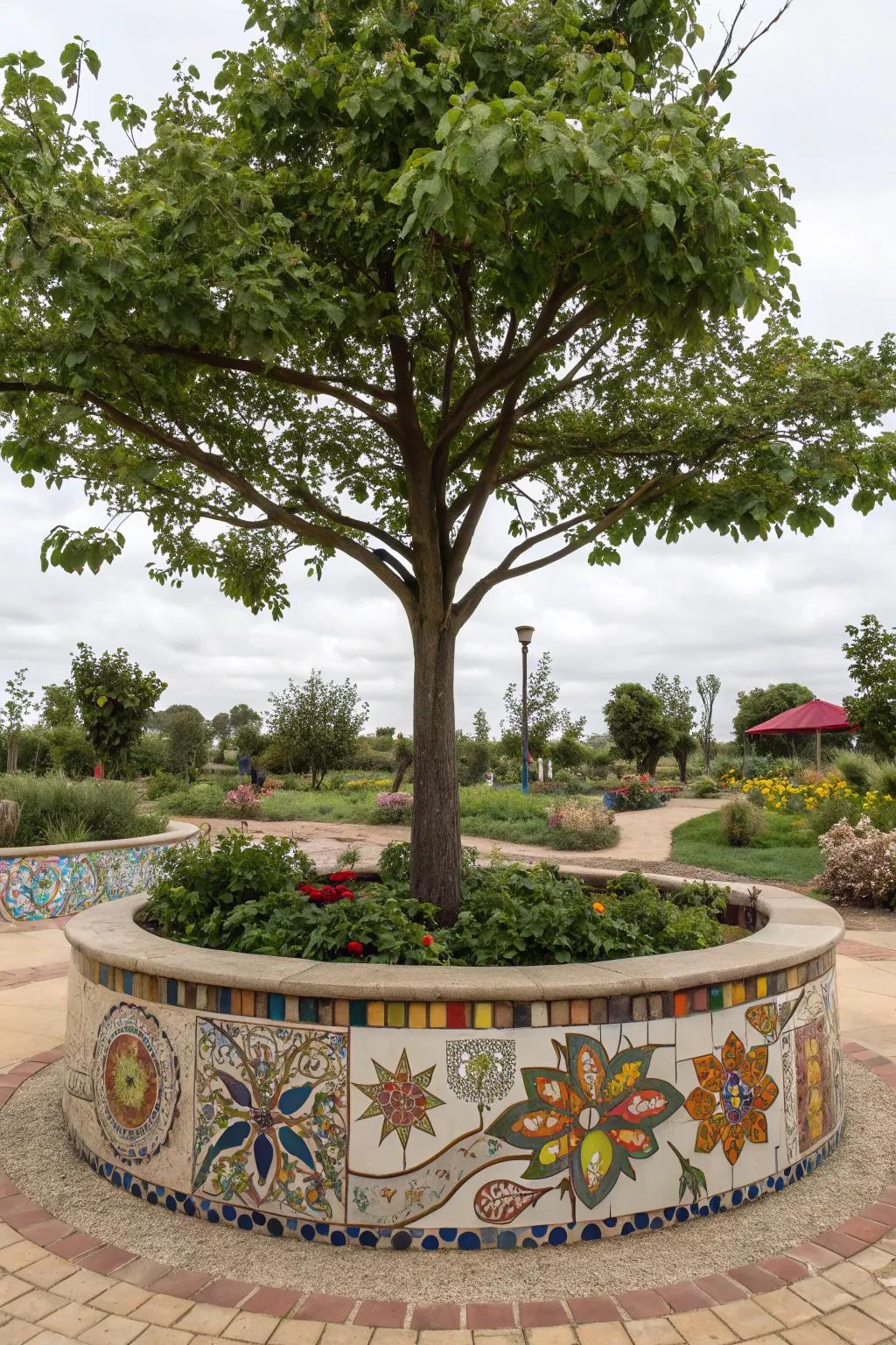 A tree with a colorful mosaic border.