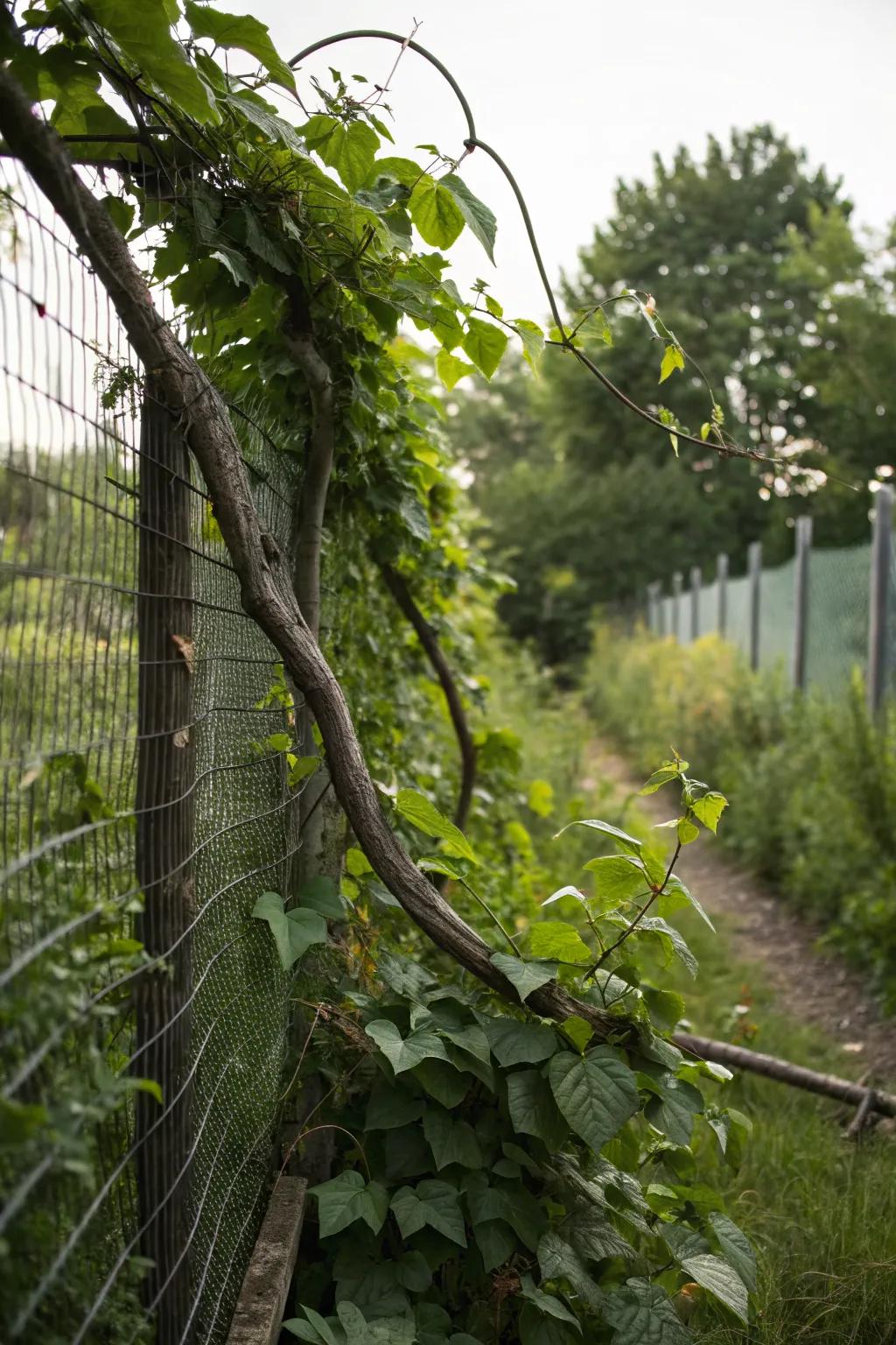 Combine branches with wire mesh for a strong, plant-friendly fence.