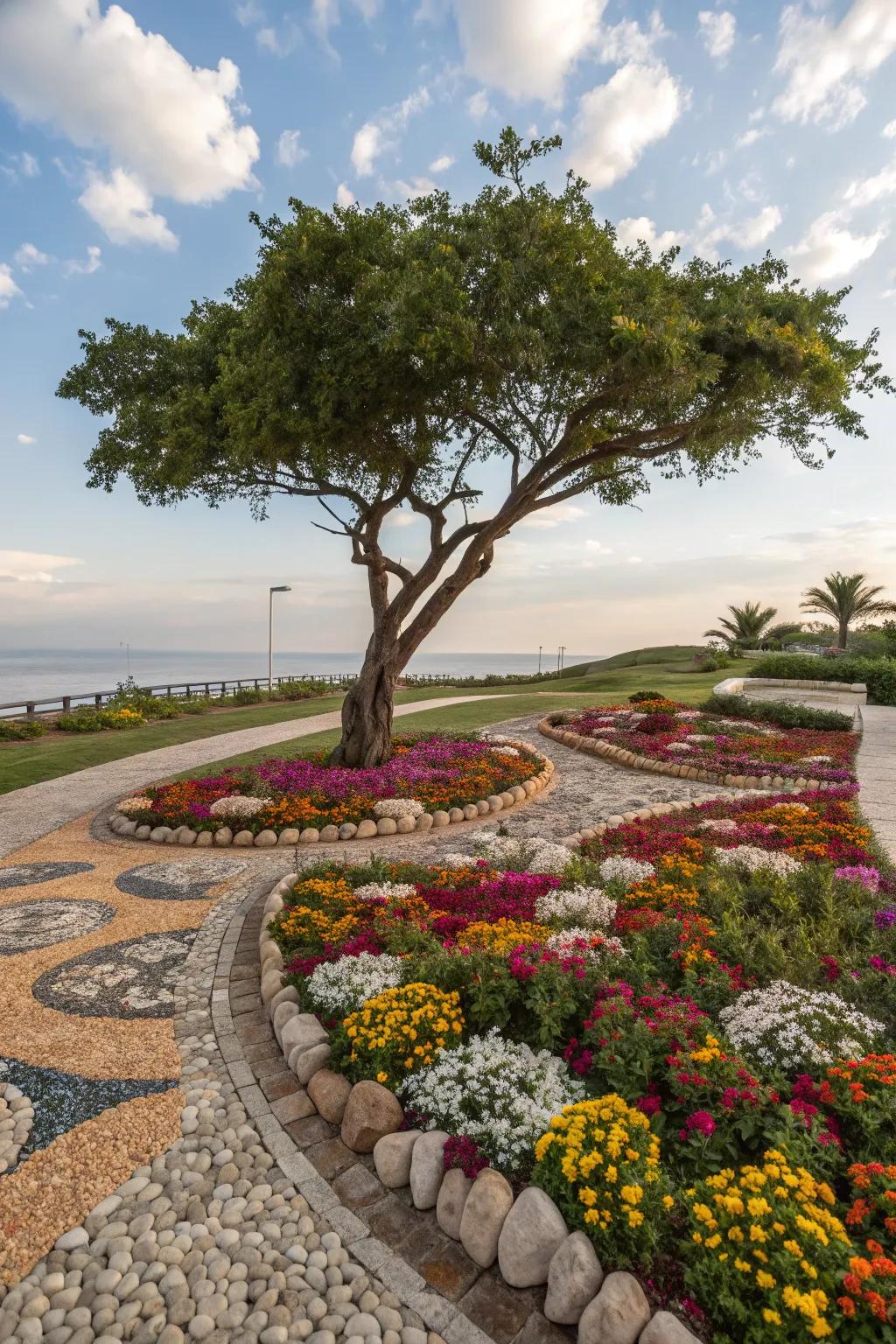Pebble patterns add a playful and artistic touch to your garden.