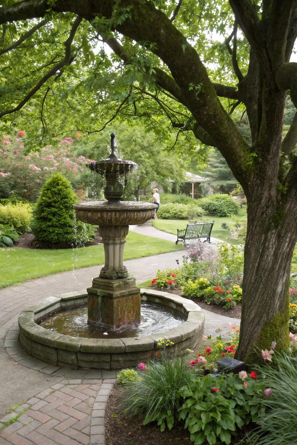 A water feature beside a tree adds tranquility and charm.