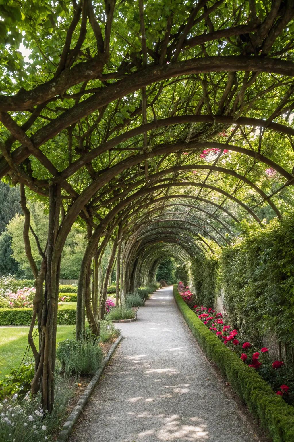 Tree tunnels create an inviting path for exploration.