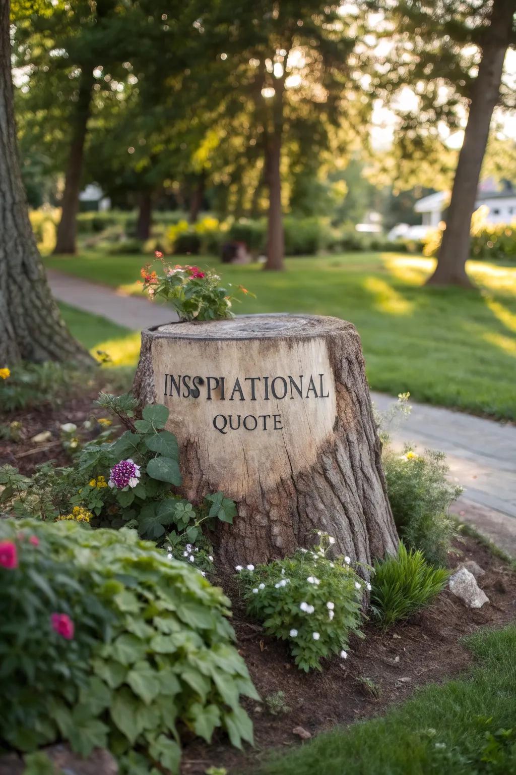 Inspire with a quote carved into your garden stump.