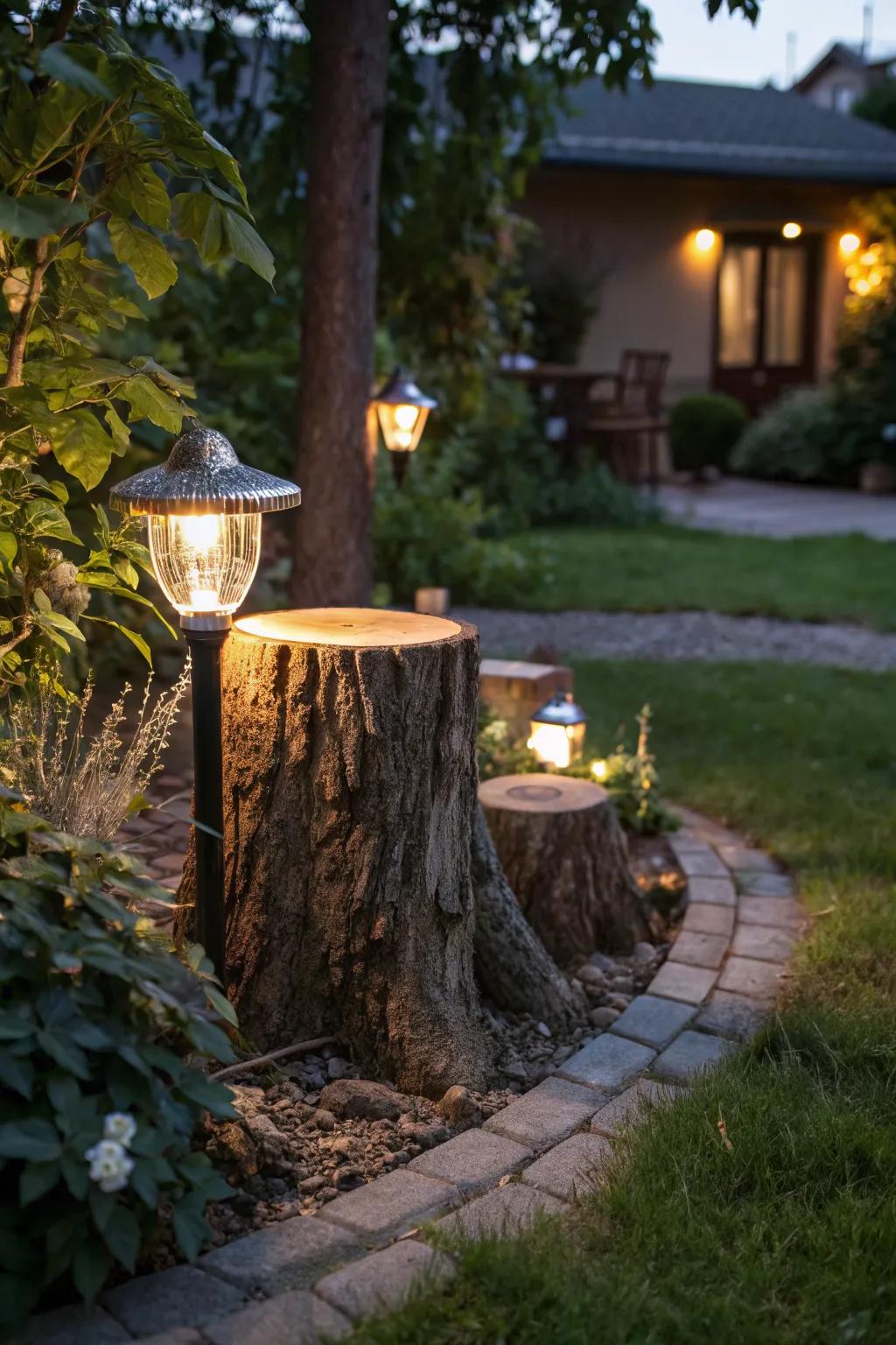 A tree stump providing illuminated ambiance with solar lights.
