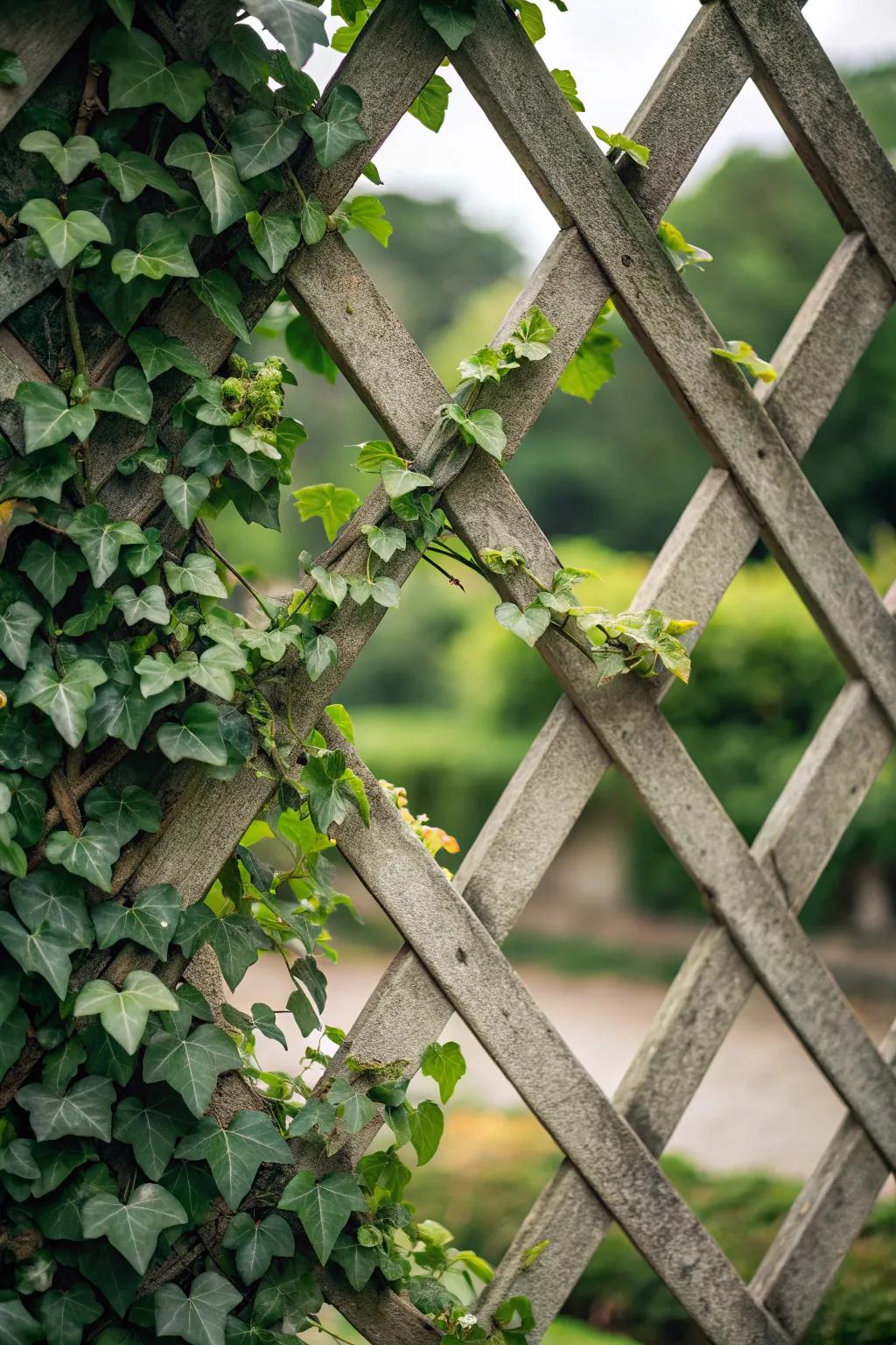 A diamond-patterned trellis with ivy weaving through it.