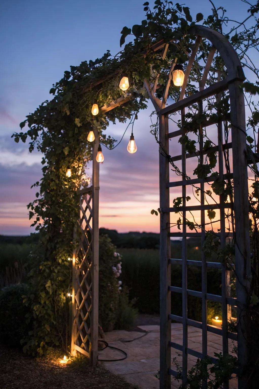 A trellis gate softly illuminated by solar-powered lights.
