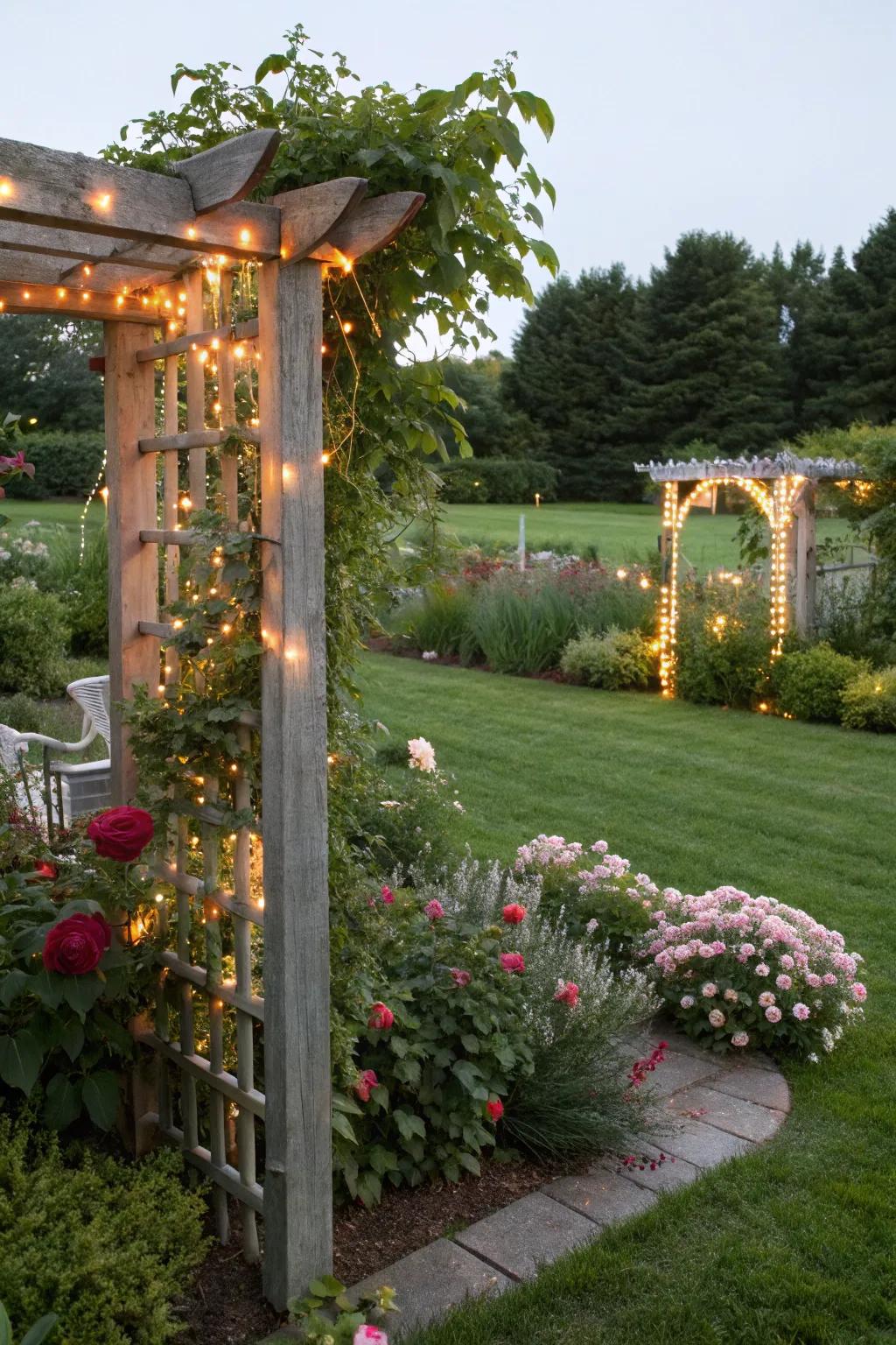 Integrated lighting on a trellis creates enchanting garden evenings.