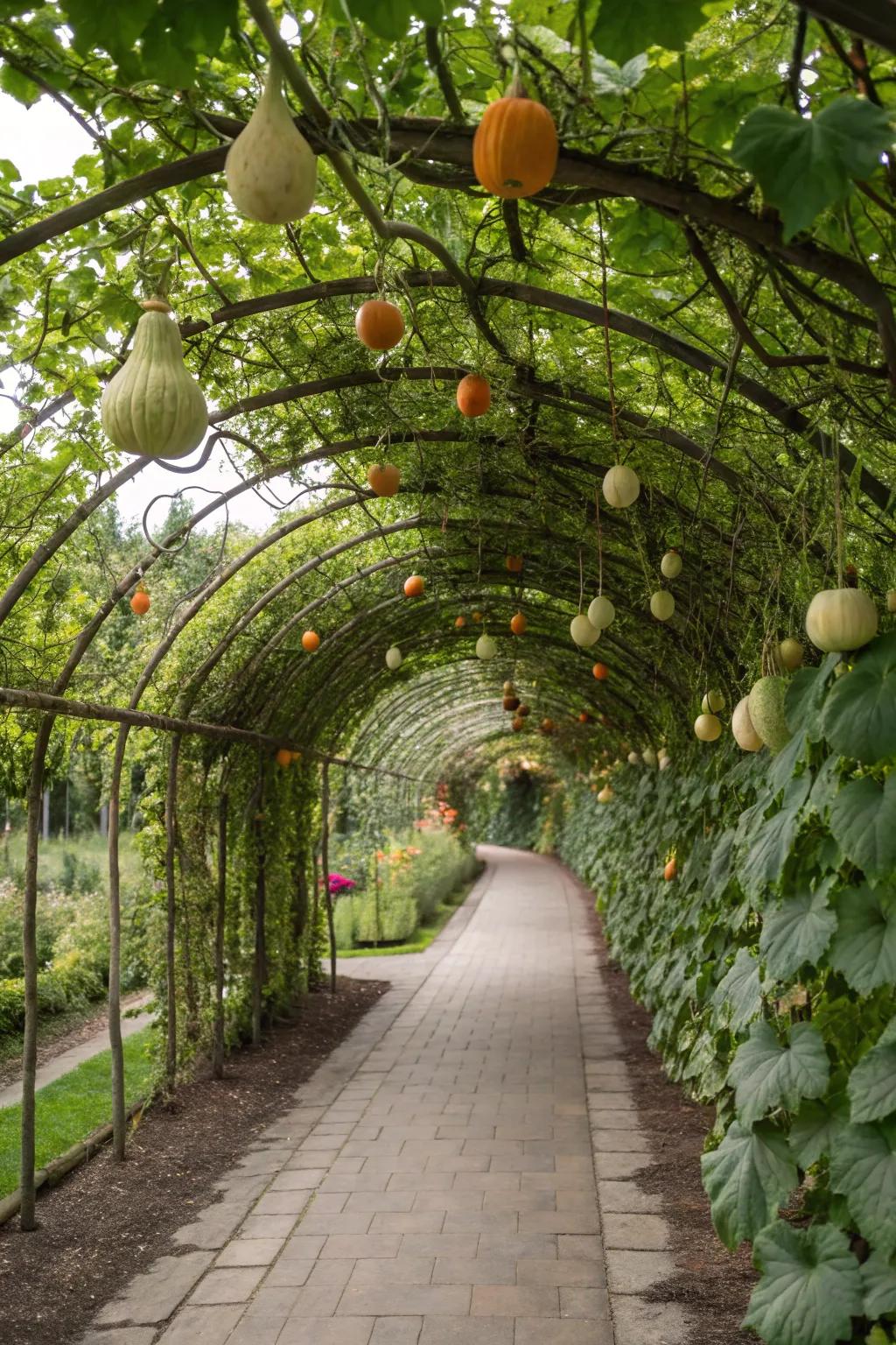 A functional gourd tunnel, offering shade and decorative produce.