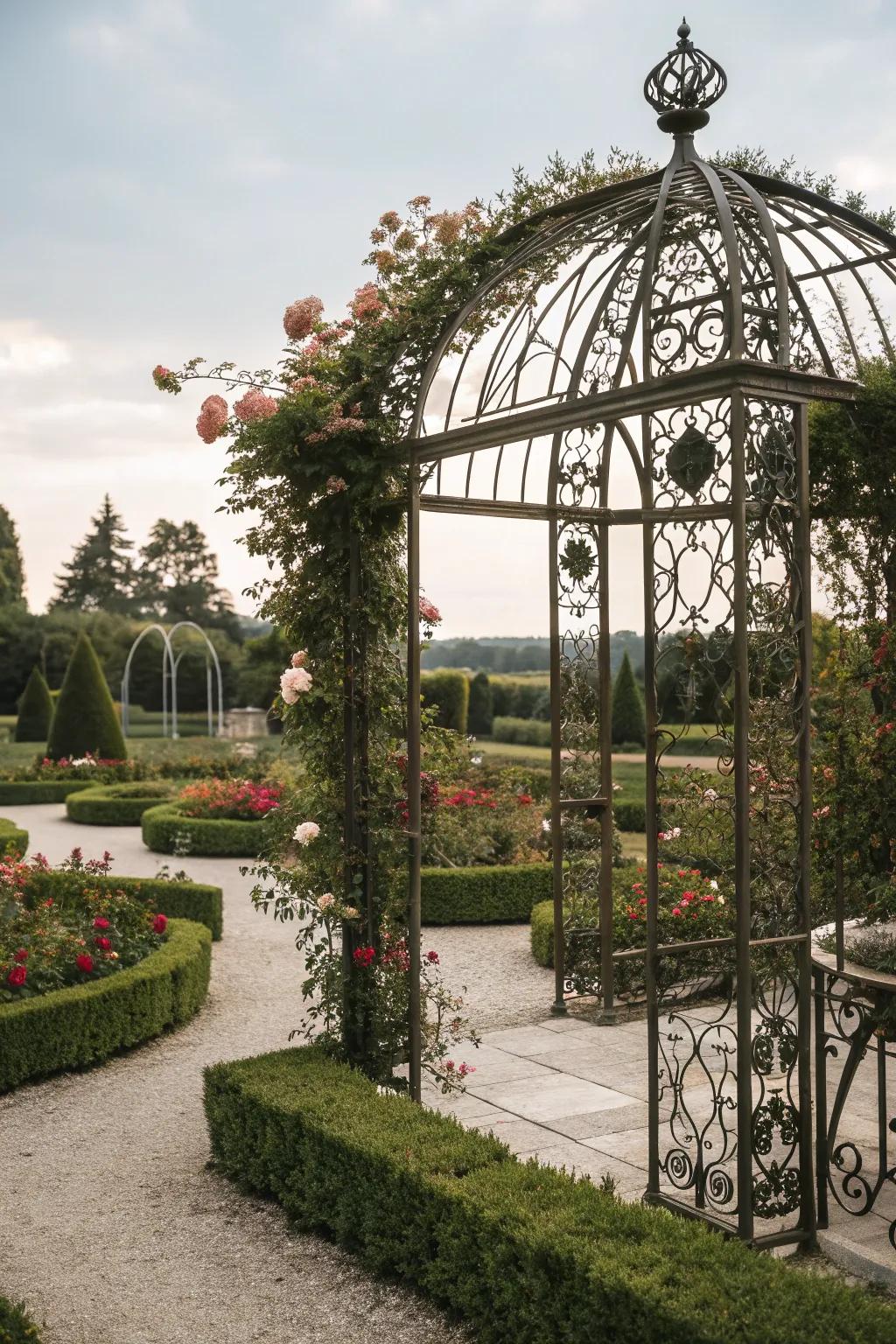 A wrought iron trellis with an intricate design adds elegance to a classic garden.
